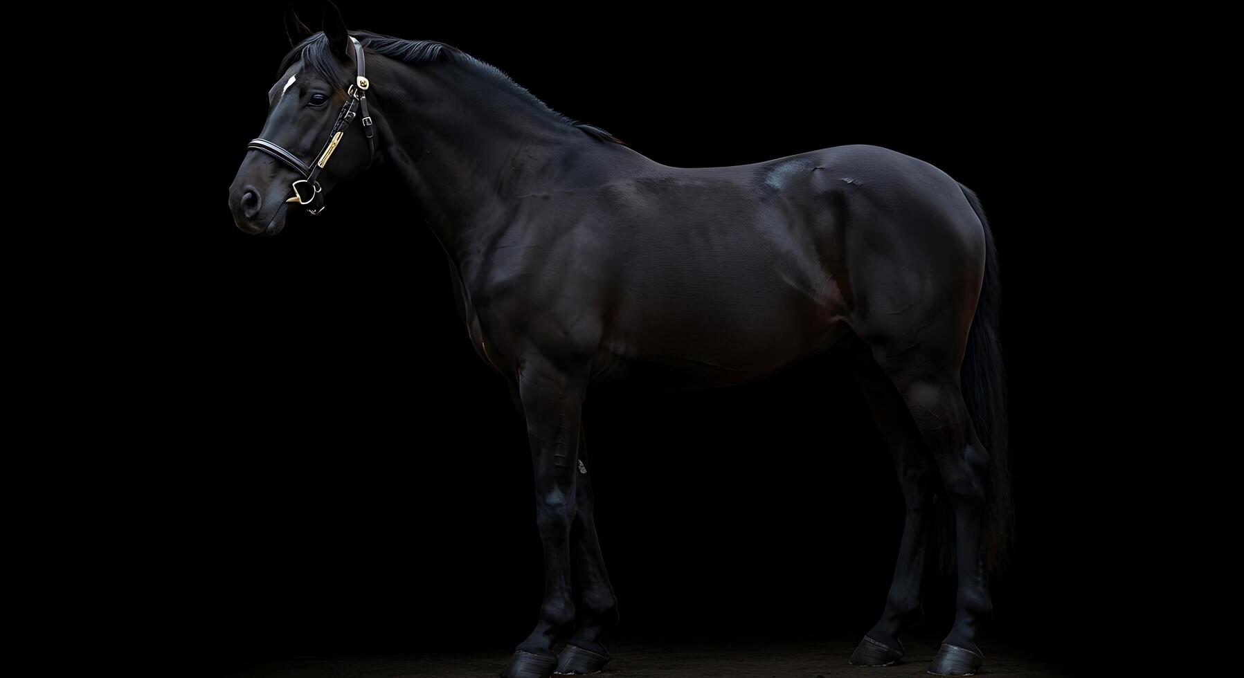 A black horse standing in front of a black background photo