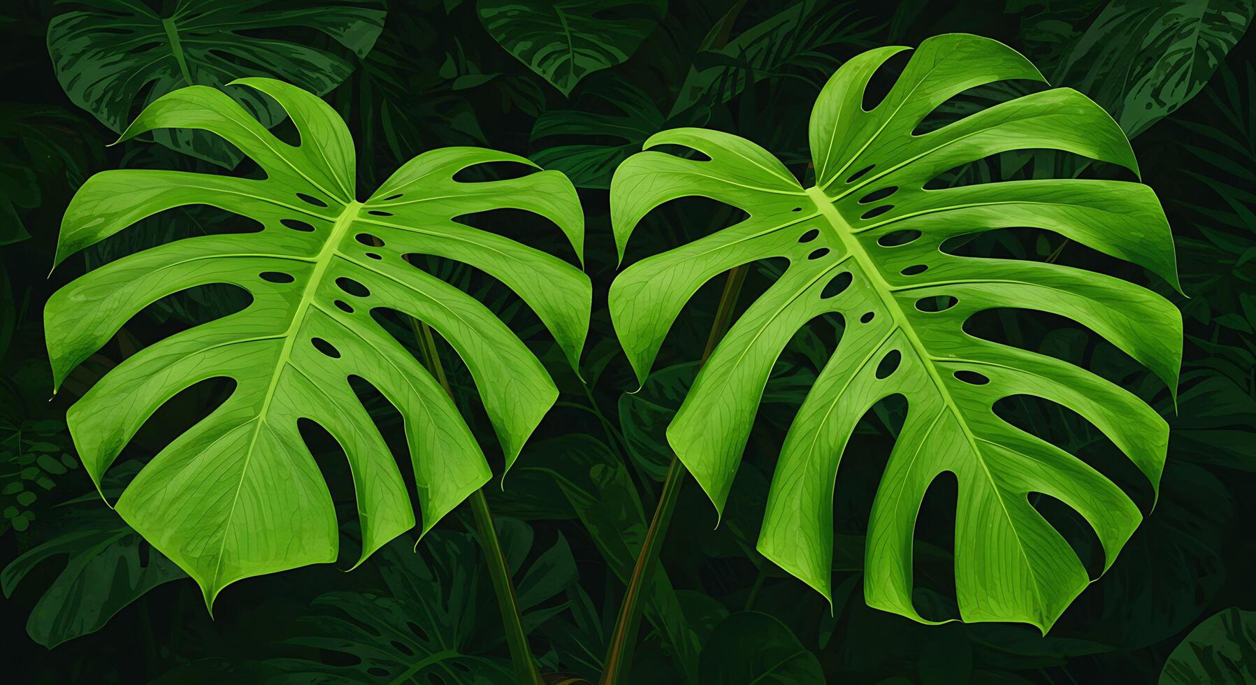 Two large green leaves are shown in front of a dark background photo