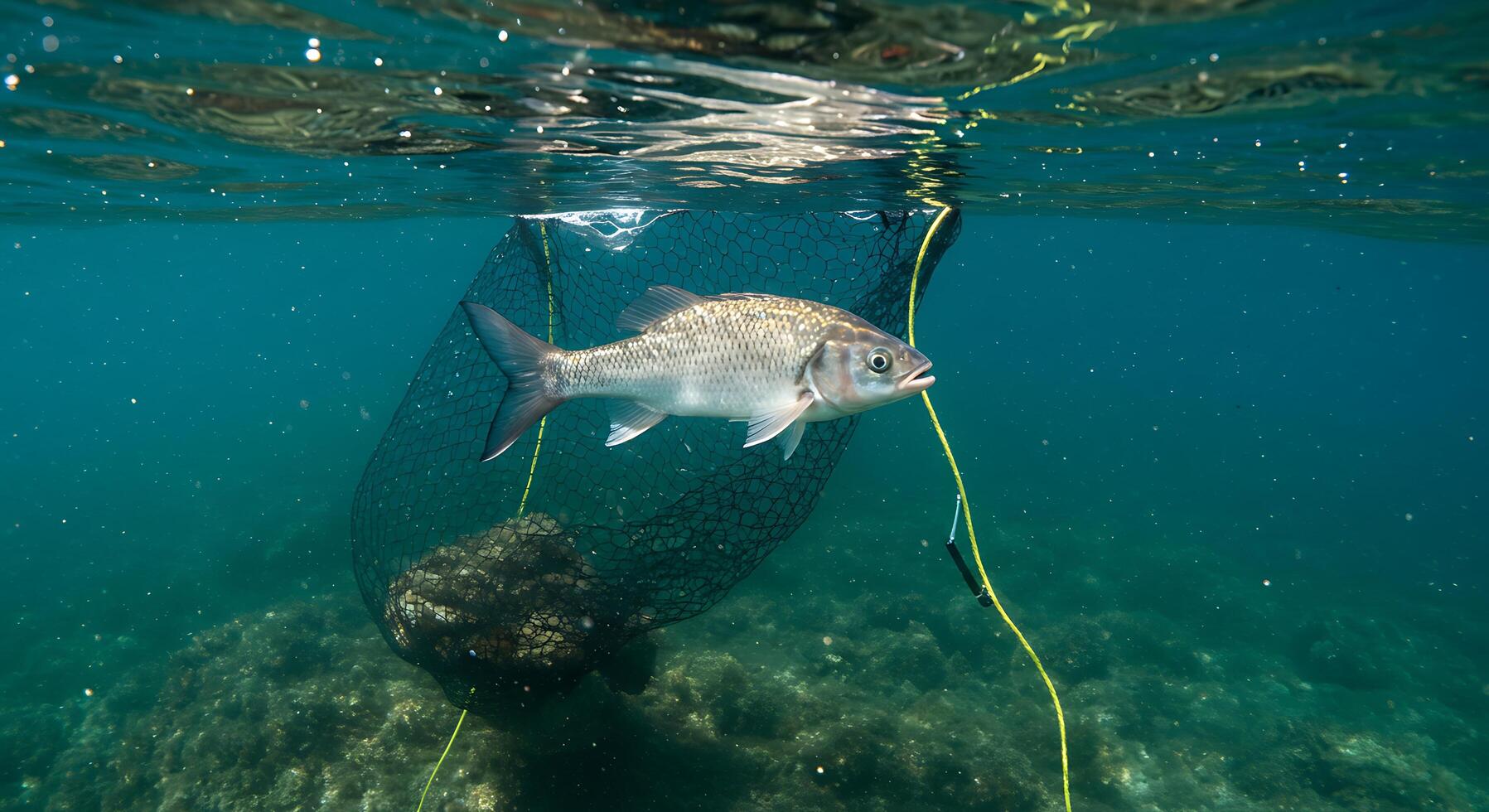 A fish is swimming in the water with a net photo