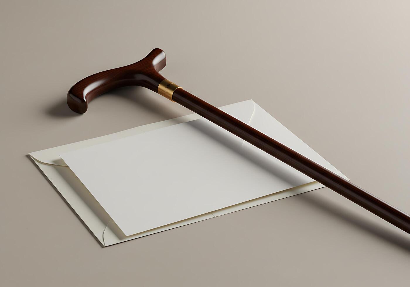 A cane and a blank card on a table photo