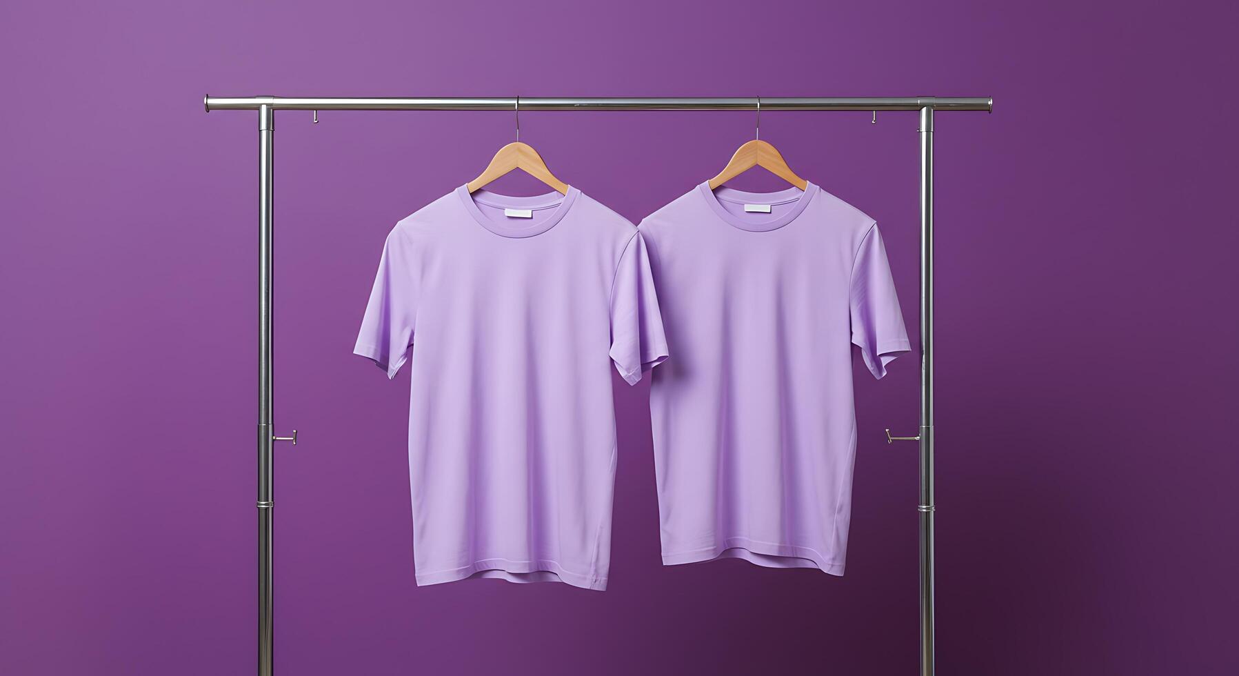 Two purple t - shirts hanging on a clothes rack photo