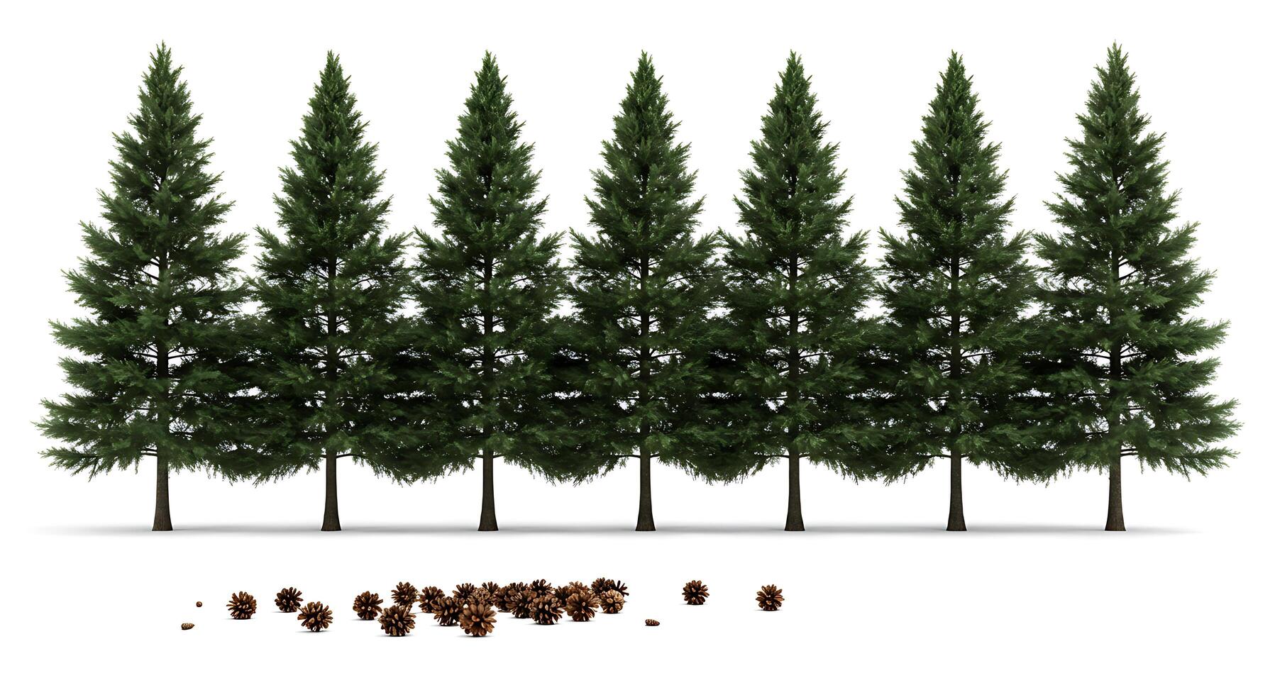 Several pine trees are lined up in a row photo