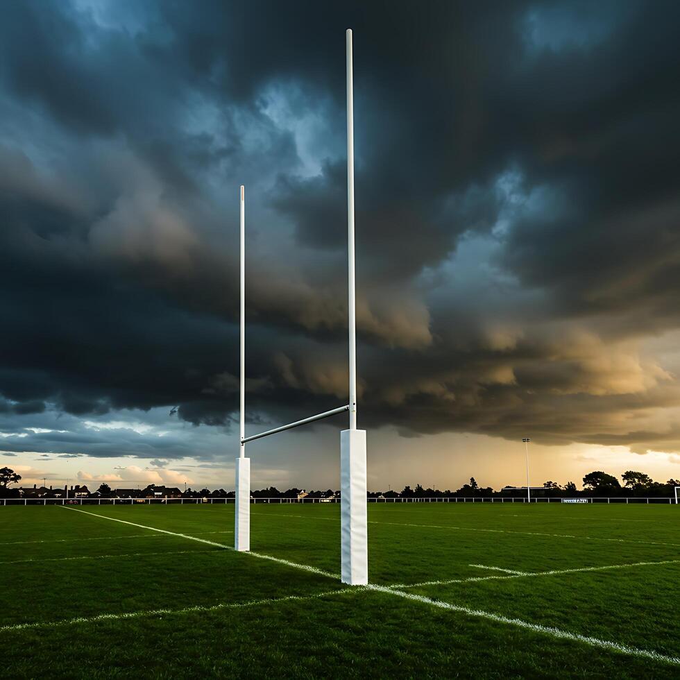 Rugby goalposts in a field with storm clouds photo