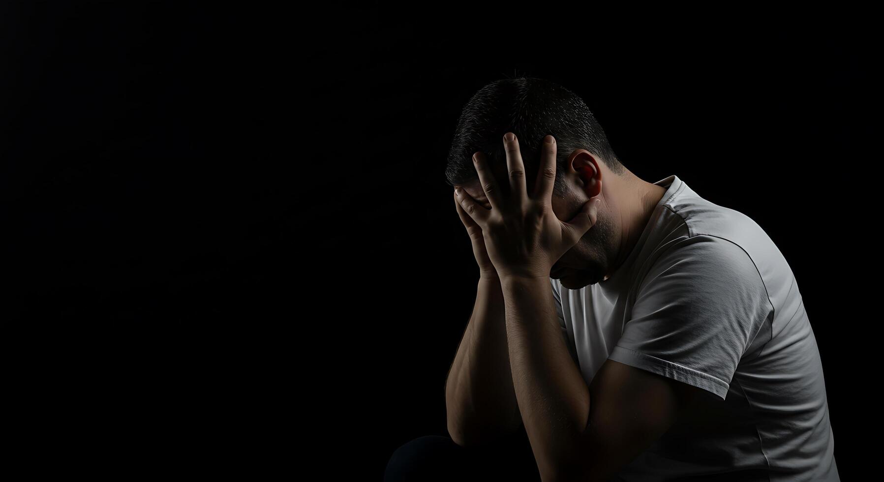 A man sitting on the floor with his hands on his face photo