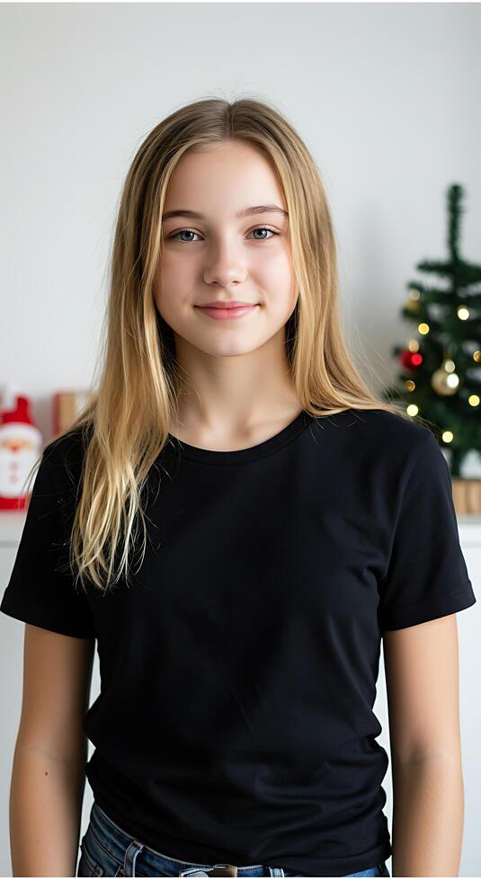 A girl in a black t - shirt standing in front of a christmas tree photo