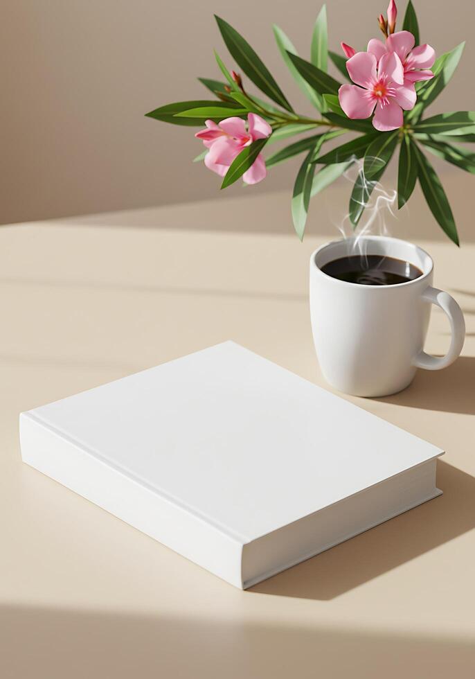 White book and coffee cup on a table with sunlight photo