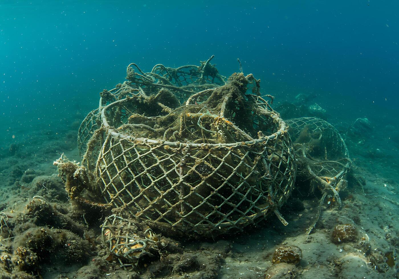 A basket full of fish is sitting on the ocean floor photo