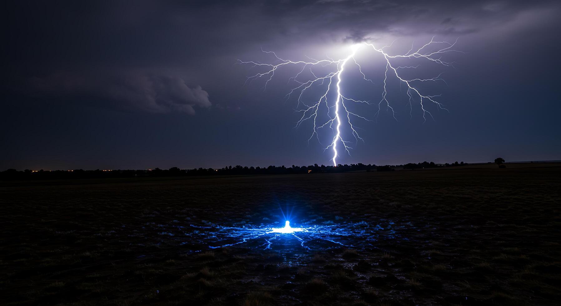 A lightning bolt is seen in the sky above a field photo