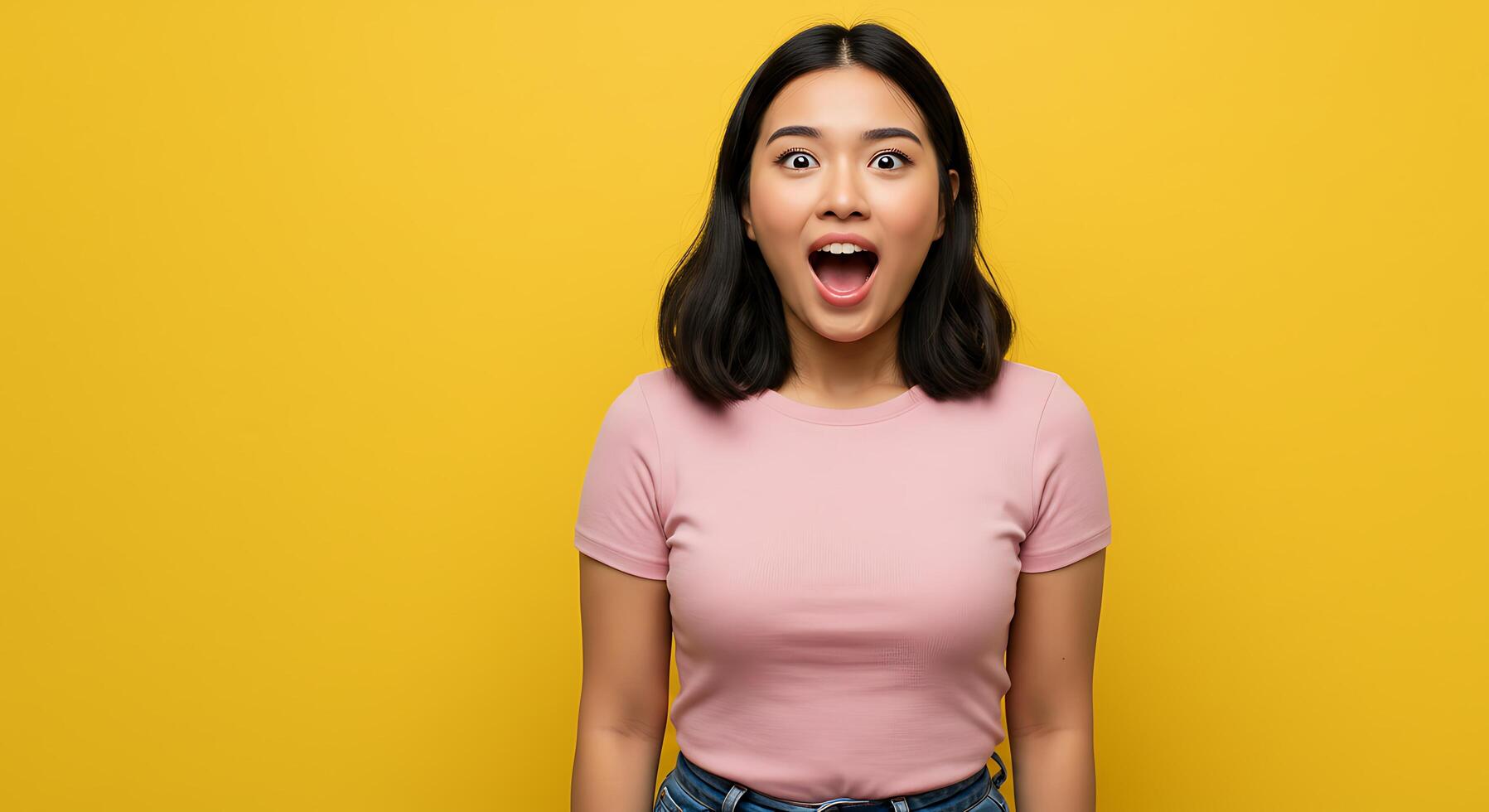 Portrait of a young woman with surprised expression isolated on yellow background photo