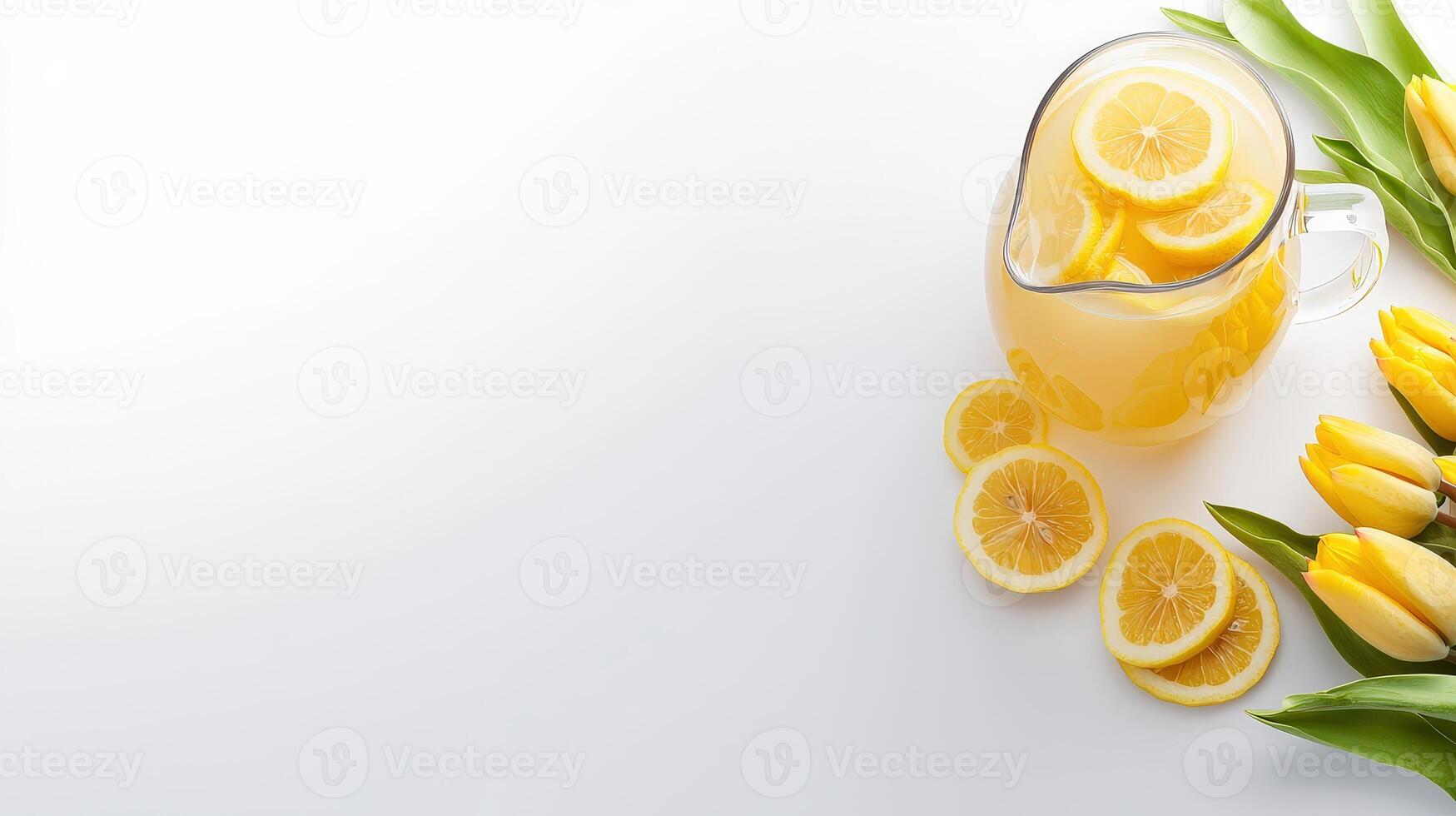Yellow tulips and lemon slices on white background photo