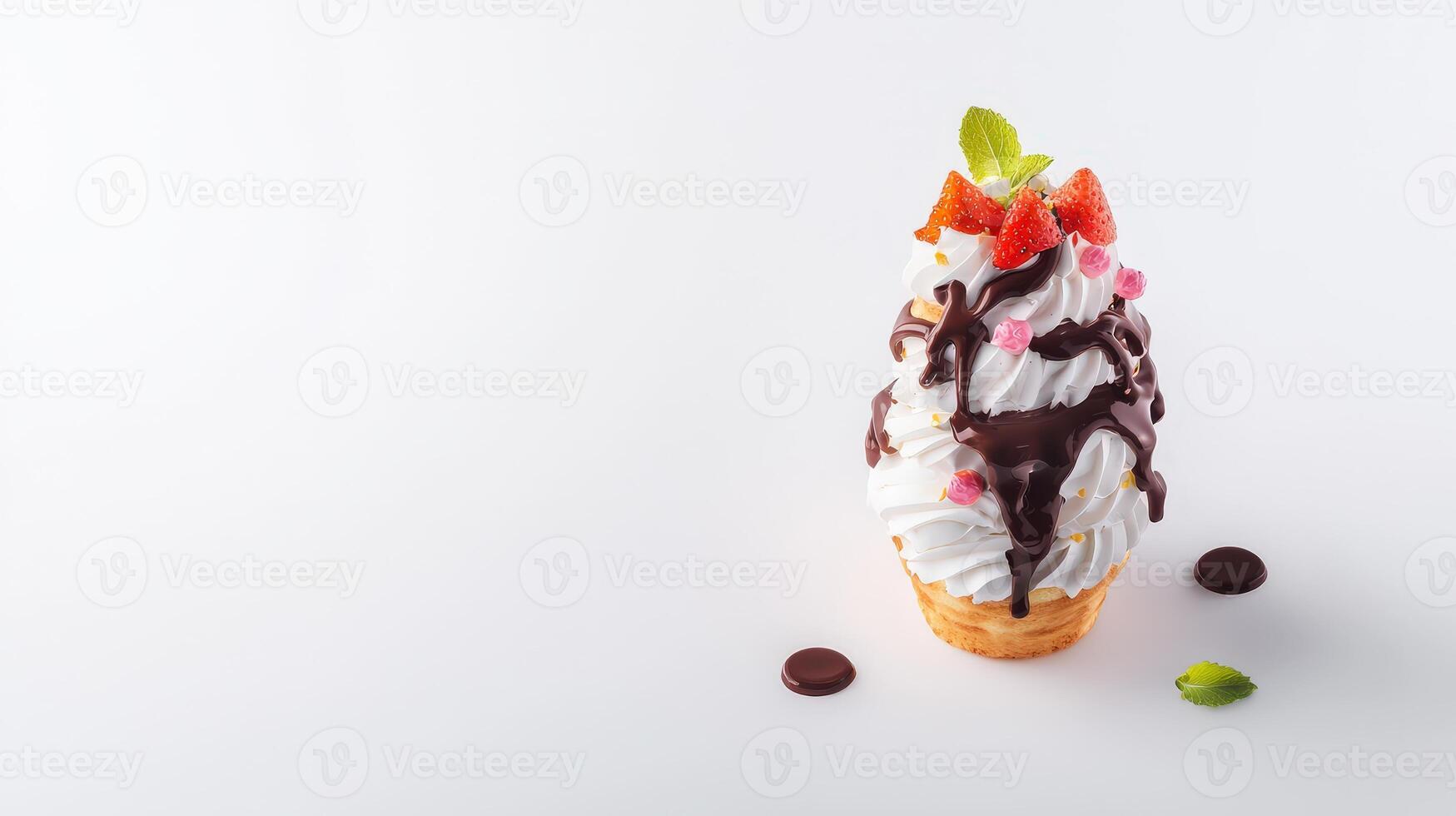 Ice cream cone with chocolate and strawberry on white background photo
