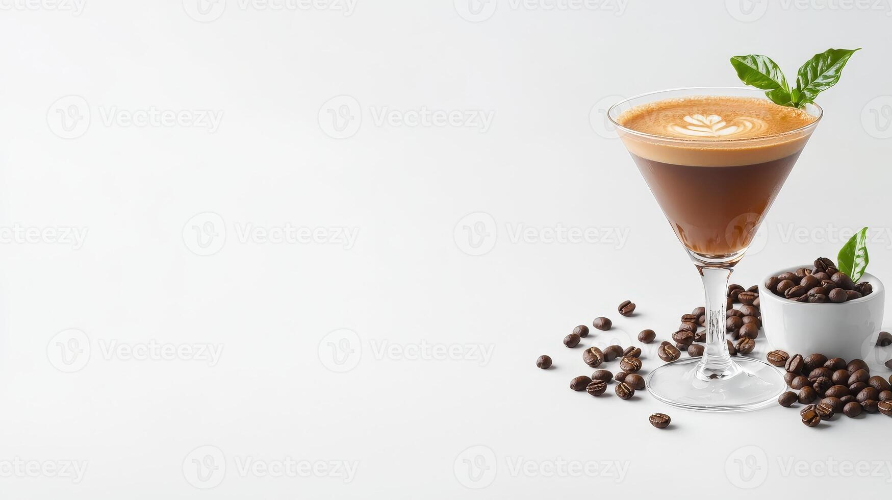 A delicious espresso martini cocktail garnished with fresh mint sits on a white background next to a small bowl of roasted coffee beans. photo