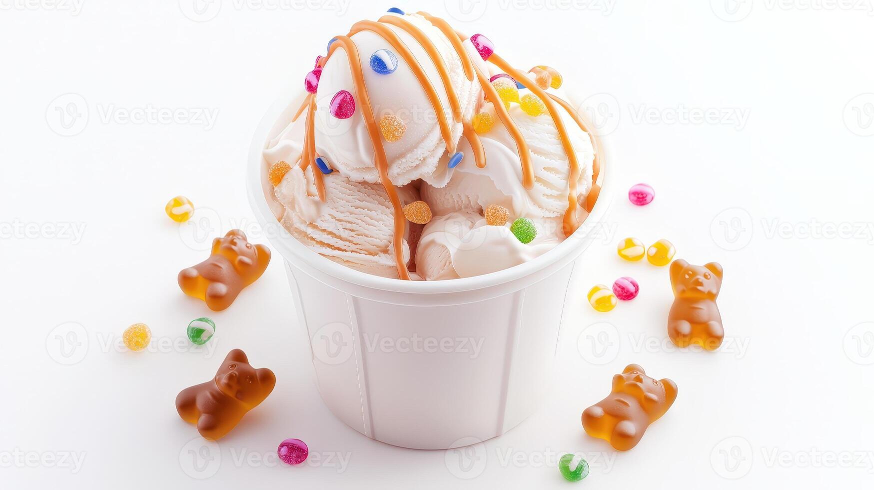 A delicious cup of creamy vanilla ice cream is generously topped with caramel sauce colorful sprinkles and surrounded by gummy bears. photo
