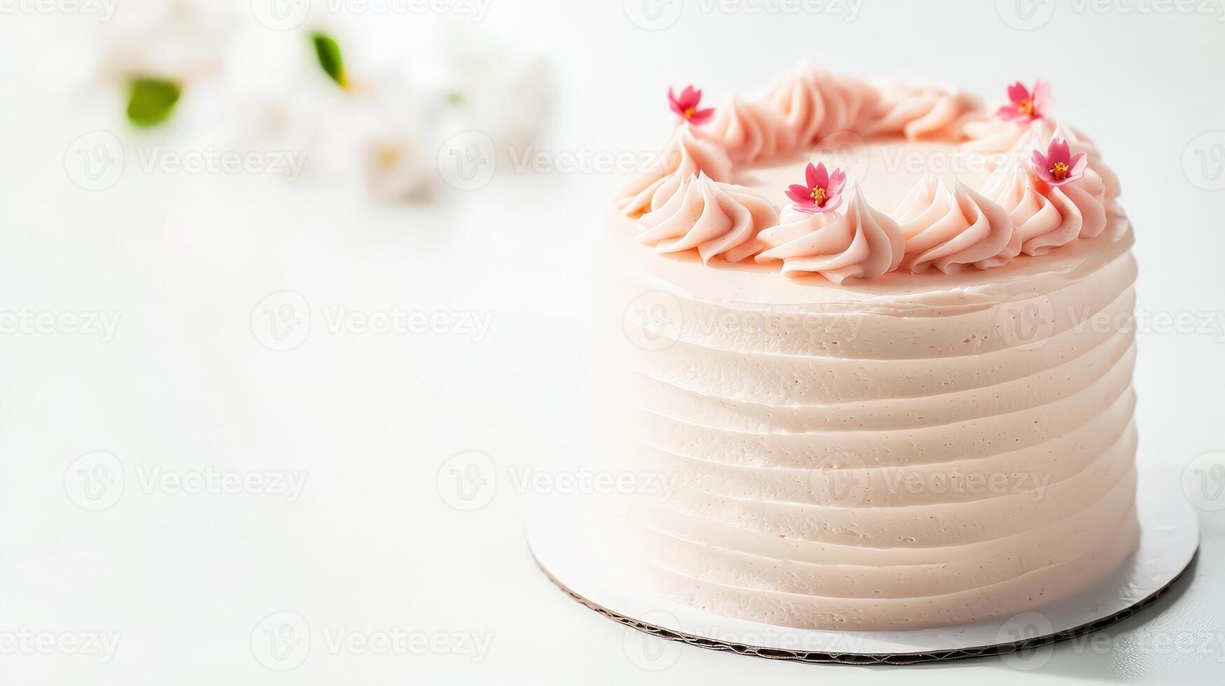 A delicate pink frosted cake adorned with edible flowers sits on a white surface against a blurred background of white blossoms creating a charming sptime dessert image. photo