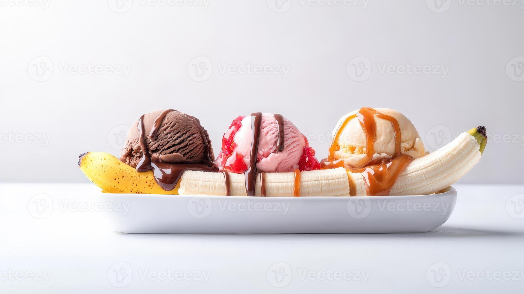 A delicious banana split dessert features three scoops of ice cream chocolate strawberry and vanilla with toppings arranged on a white rectangular dish. photo
