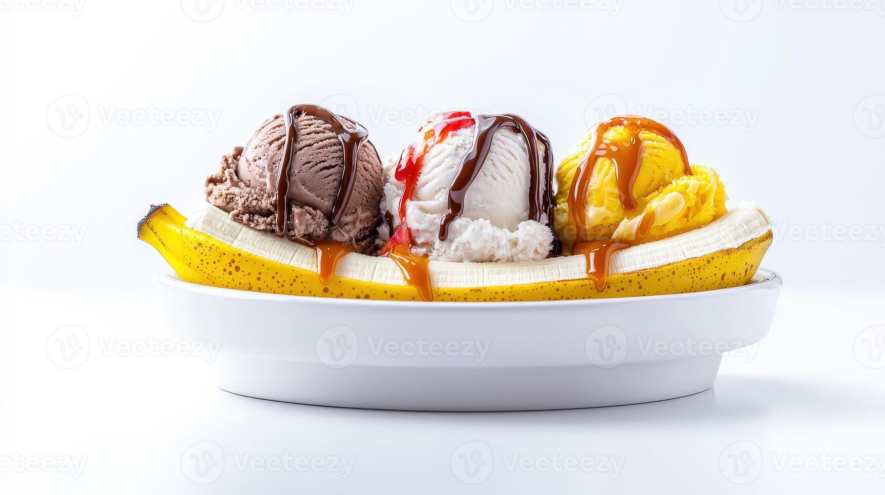 A delicious banana split dessert features three scoops of ice cream chocolate strawberry and vanilla topped with chocolate caramel and strawberry sauces. photo