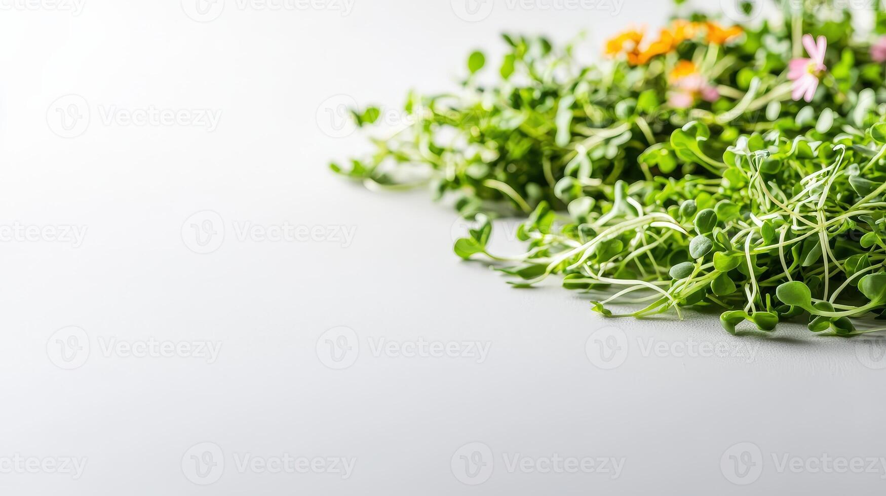 Fresh vibrant green microgreens and edible flowers lie on a bright white background providing a healthy and nutritious food image perfect for recipes or blogs. photo