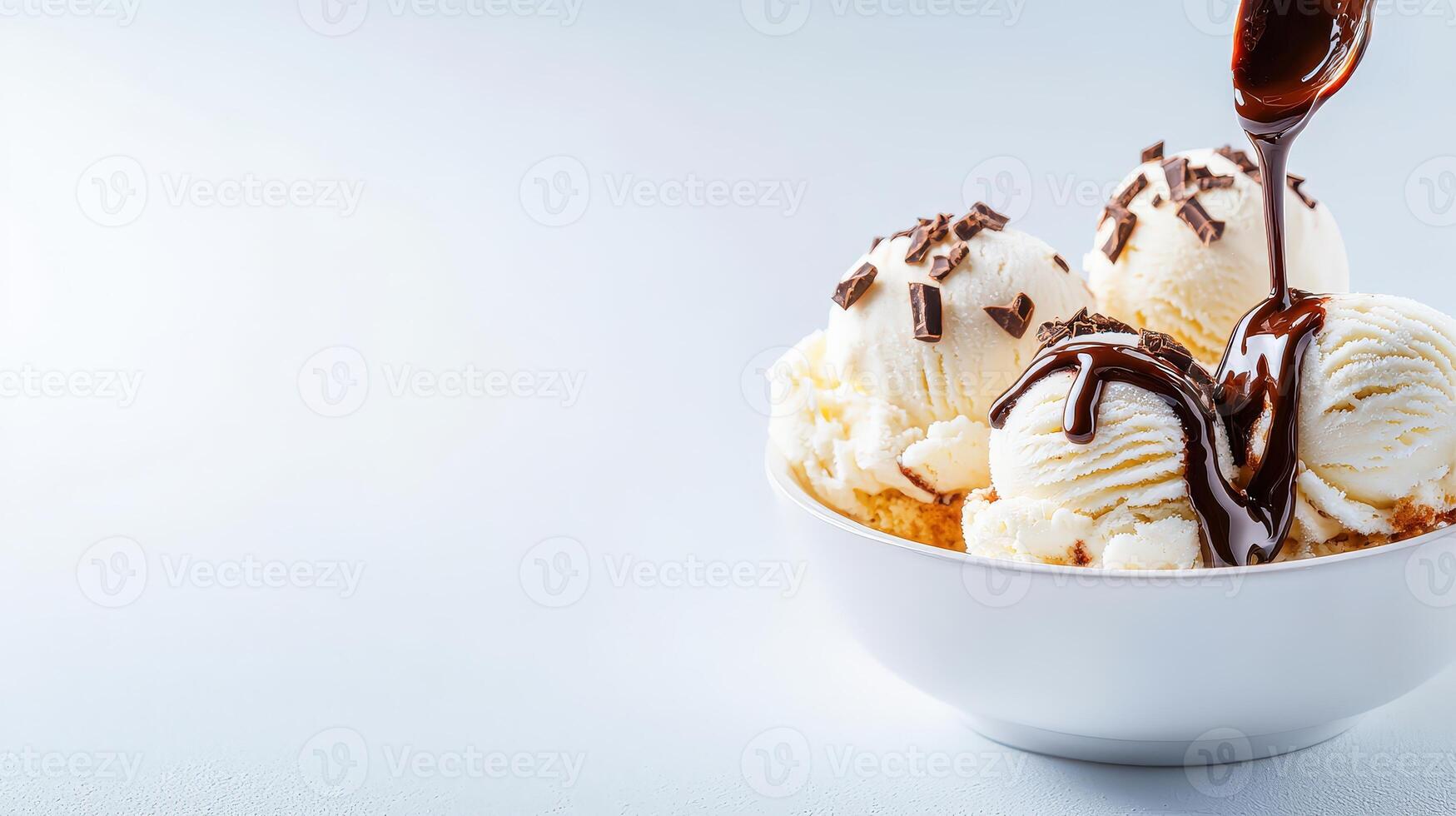 Creamy vanilla ice cream scoops in a white bowl being drizzled with rich chocolate sauce and chocolate shavings on a light gray background. photo
