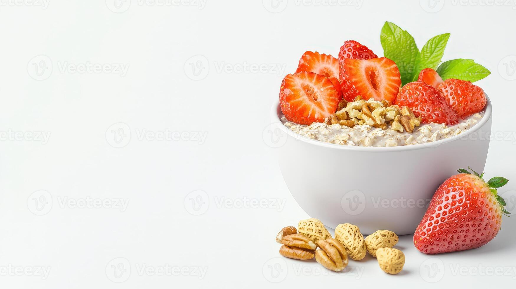 A delicious and healthy breakfast bowl of oatmeal topped with fresh strawberries, pecans, and peanuts is presented on a white background for a nutritious start to the day. photo