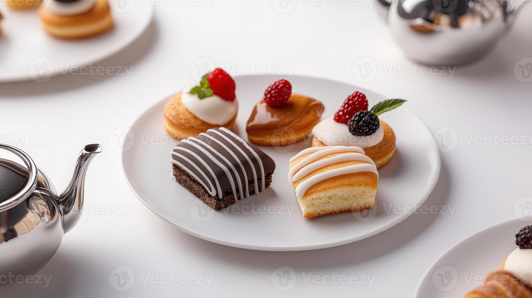 A white table with several plates of pastries and tea photo