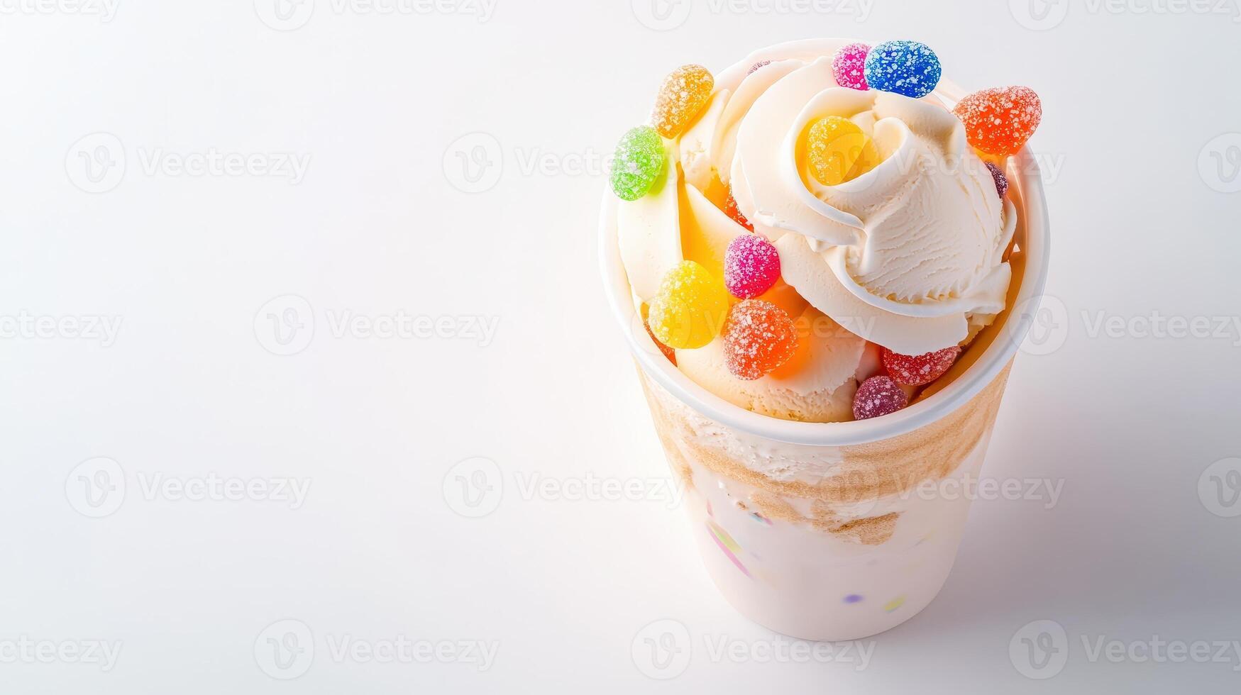 A delicious creamy vanilla ice cream sundae in a paper cup topped with colorful sugary candy is a perfect summer treat. photo