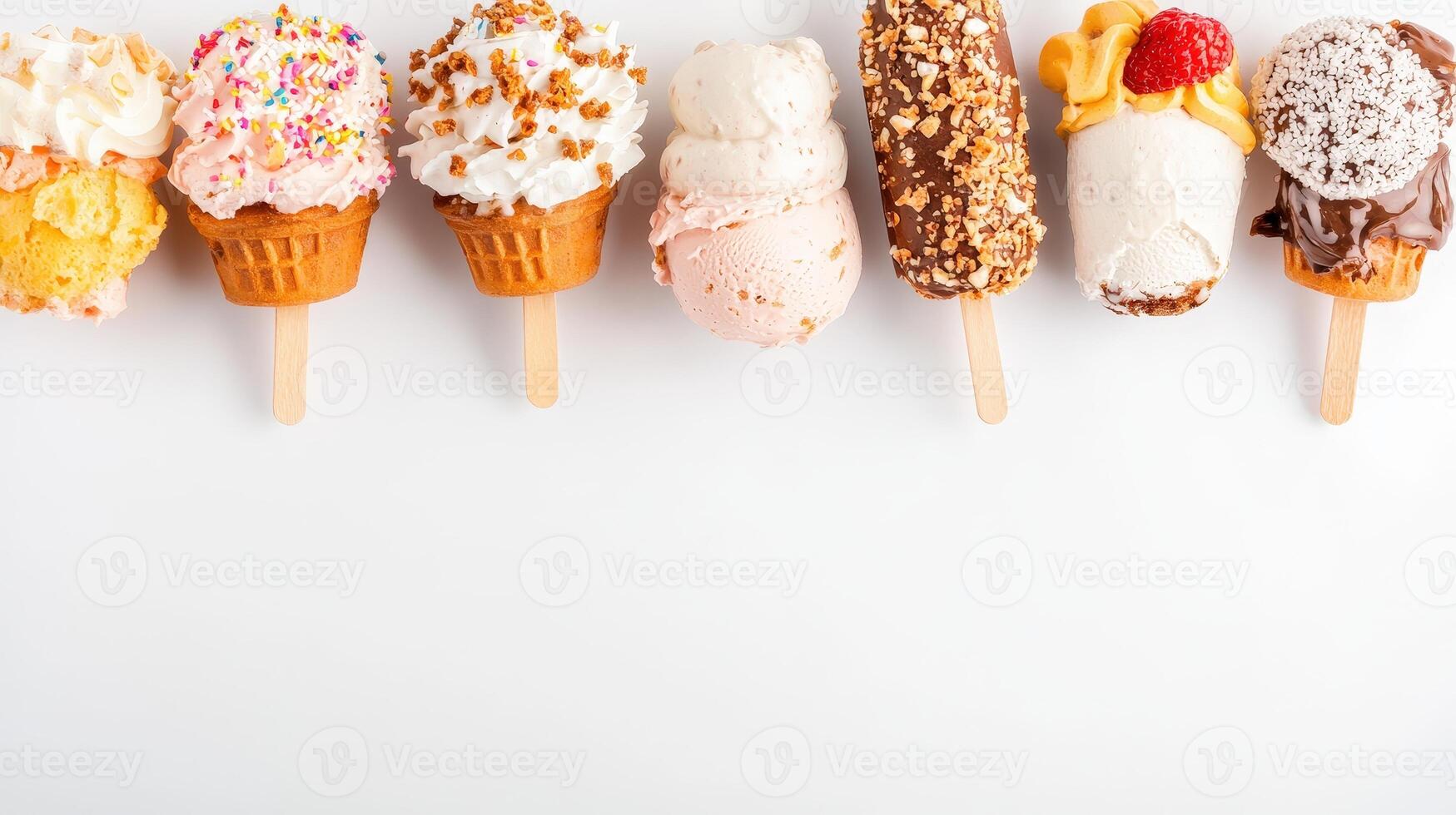 A delightful row of various ice cream treats on sticks including cones and bars with assorted toppings sits on a clean white background perfect for summer menus or sweet food photo