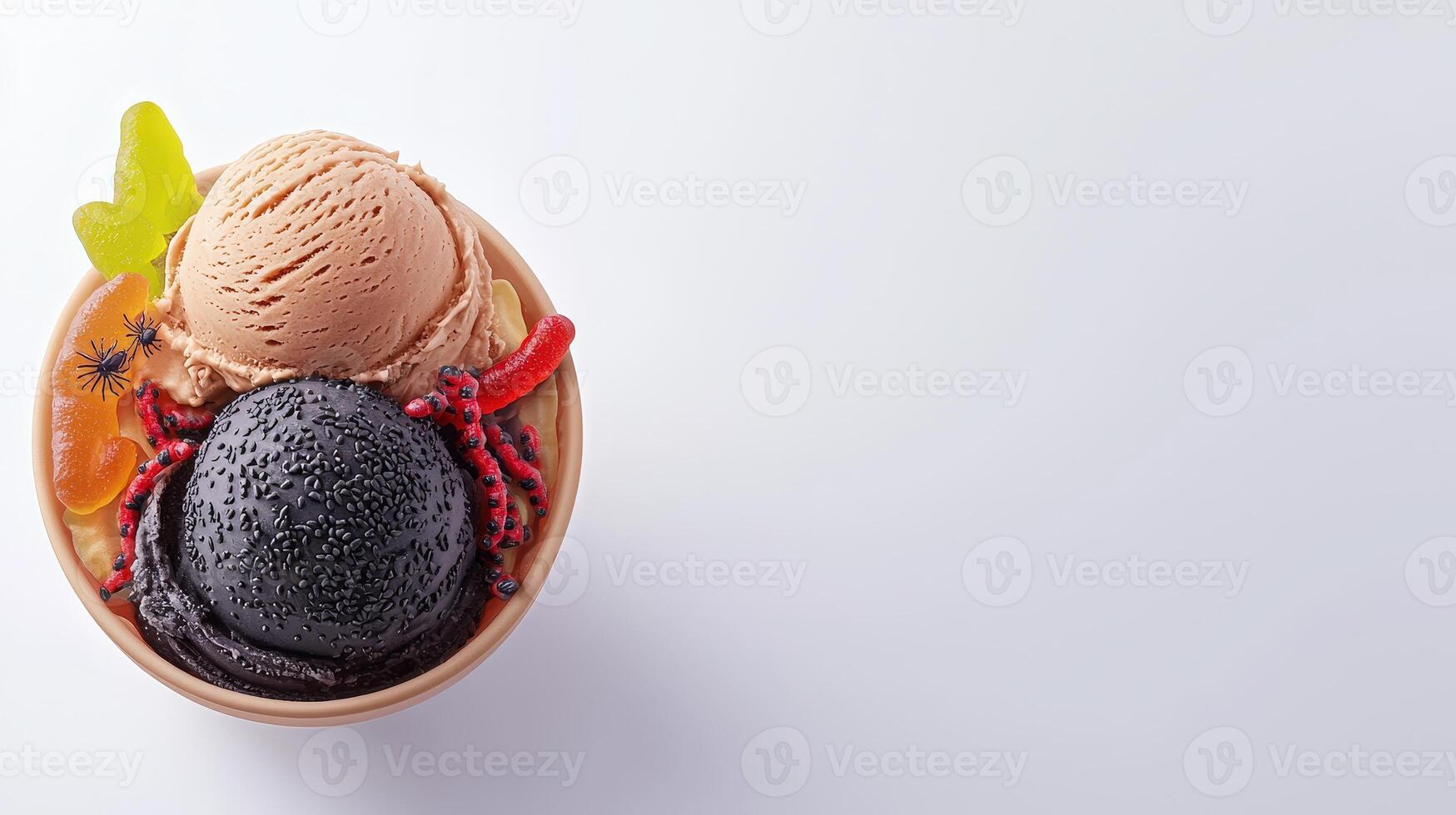 Two scoops of delicious ice cream in a bowl decorated with Halloween gummy candies spiders and worms ready for a spooky treat. photo