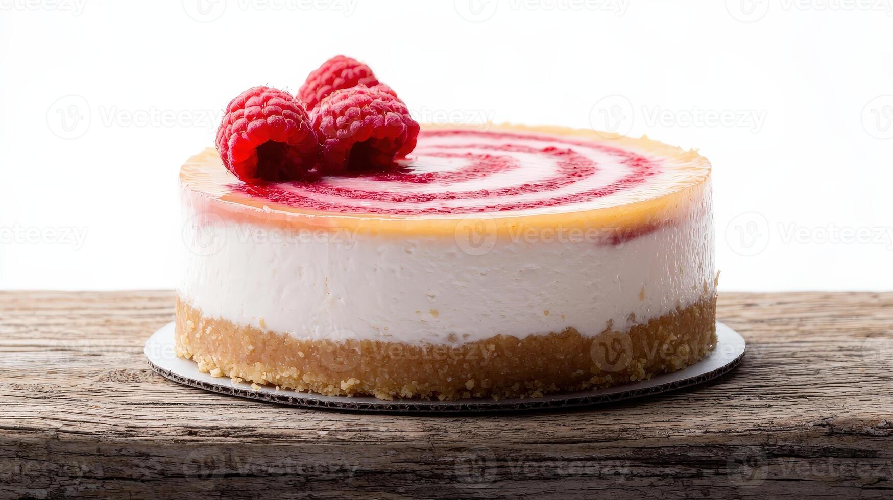 A delicious raspberry swirl cheesecake sits on a rustic wooden surface against a bright white background perfect for culinary websites or food blogs needing a tempting dessert photo