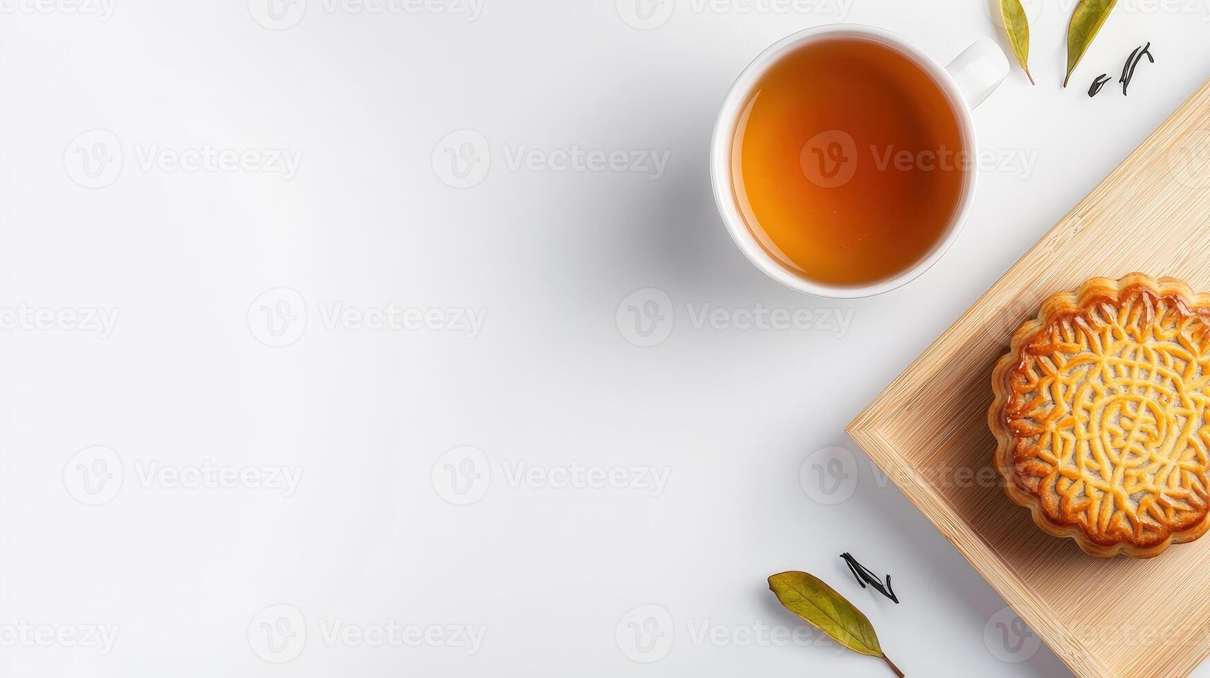 Chinese moon cake with tea on white background photo