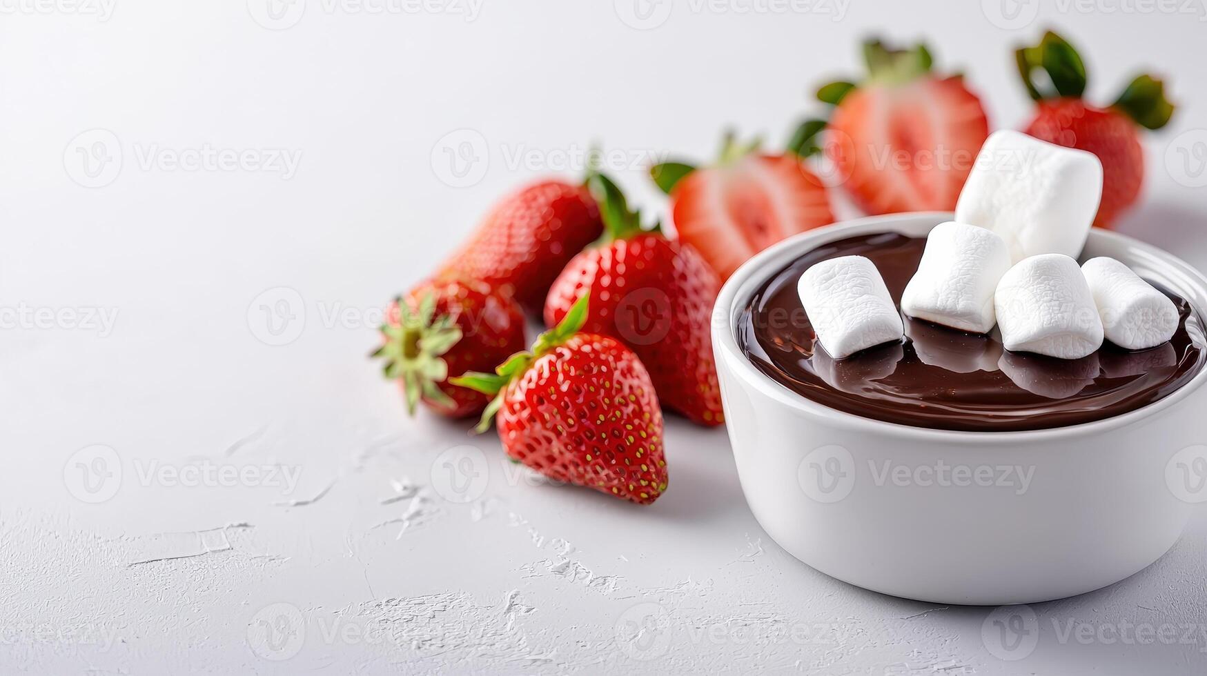 A delectable bowl of rich chocolate fondue is prepared with fresh strawberries and fluffy hmallows ready for dipping creating a delightful dessert experience. photo