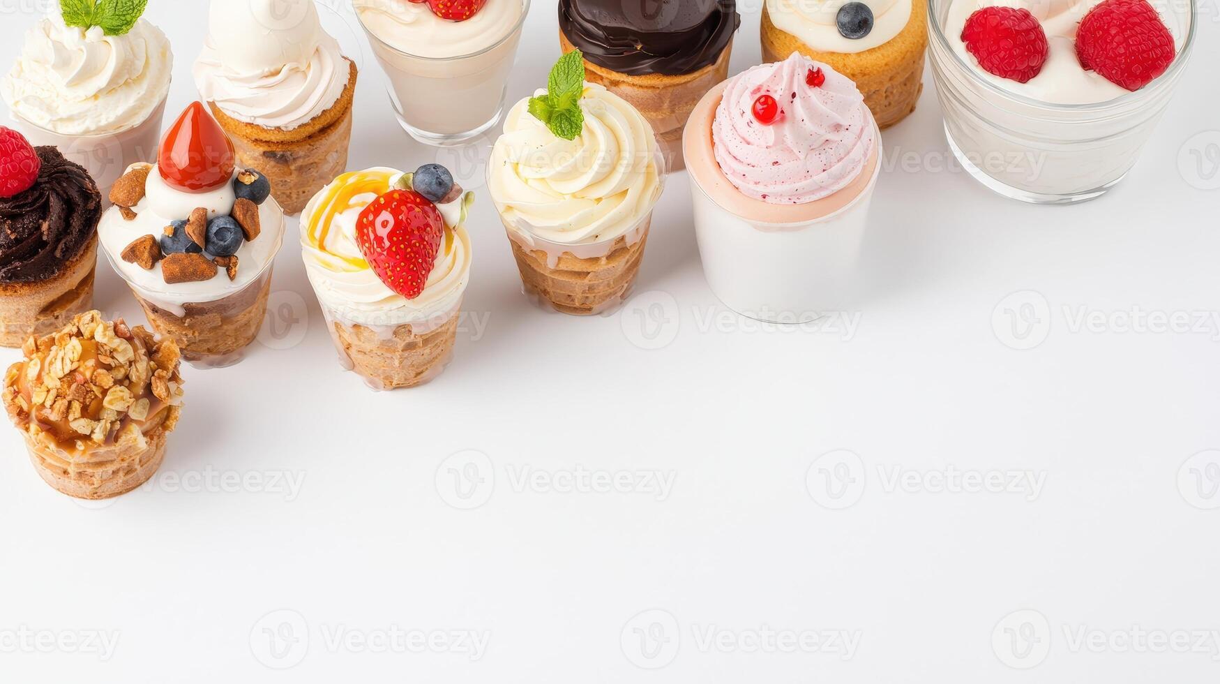 An assortment of delicious mini desserts in waffle cones and glasses features various creamy toppings fresh berries and chocolate showcasing a delightful sweet treat perfect for photo