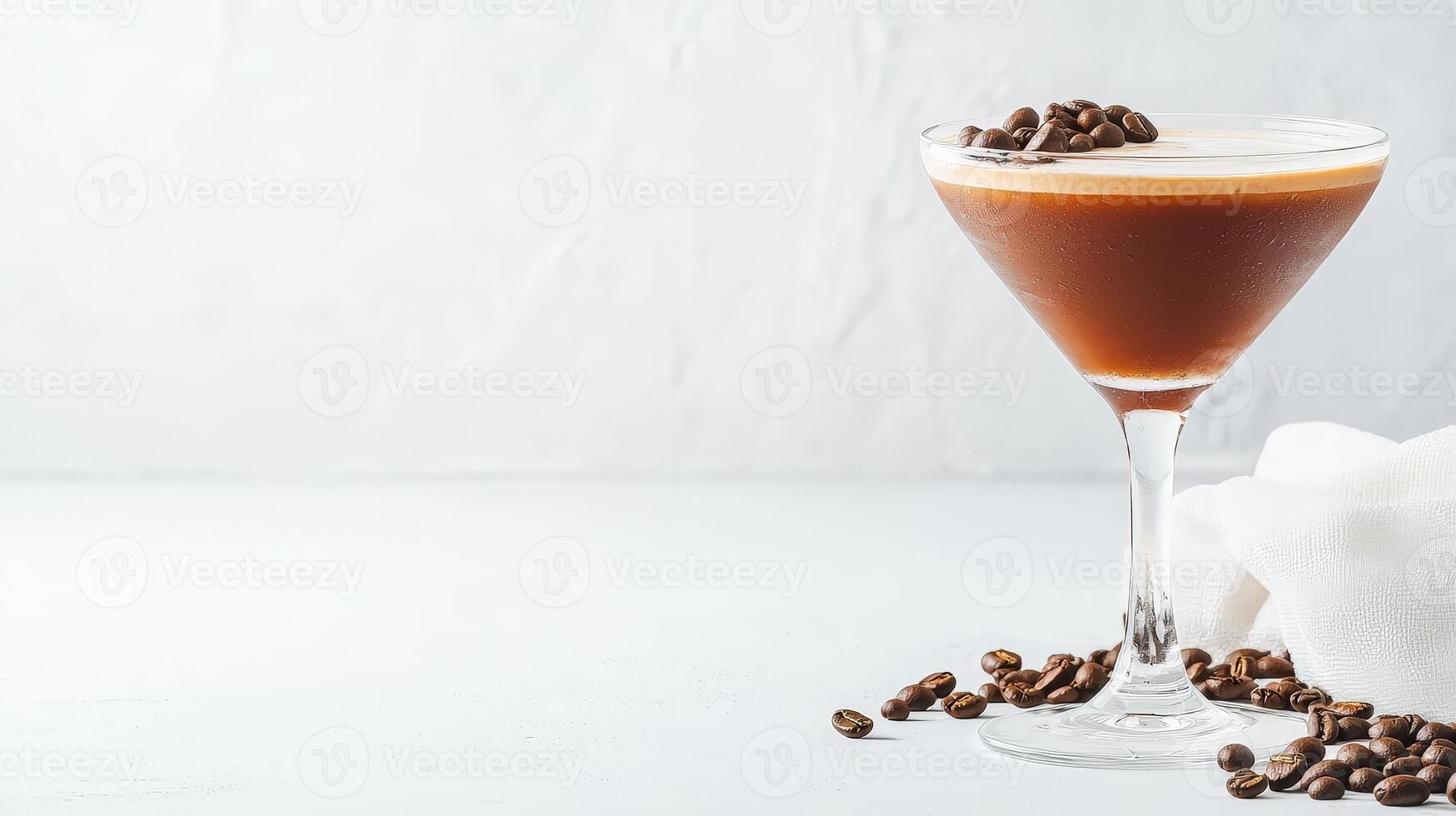 An espresso martini cocktail garnished with coffee beans sits on a white surface with a blurred white background and scattered coffee beans. photo