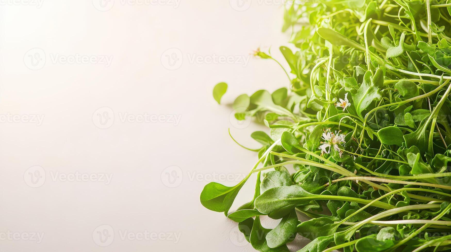 A vibrant bunch of fresh green microgreens with tiny white flowers sits on a light beige background offe a healthy and nutritious food concept. photo