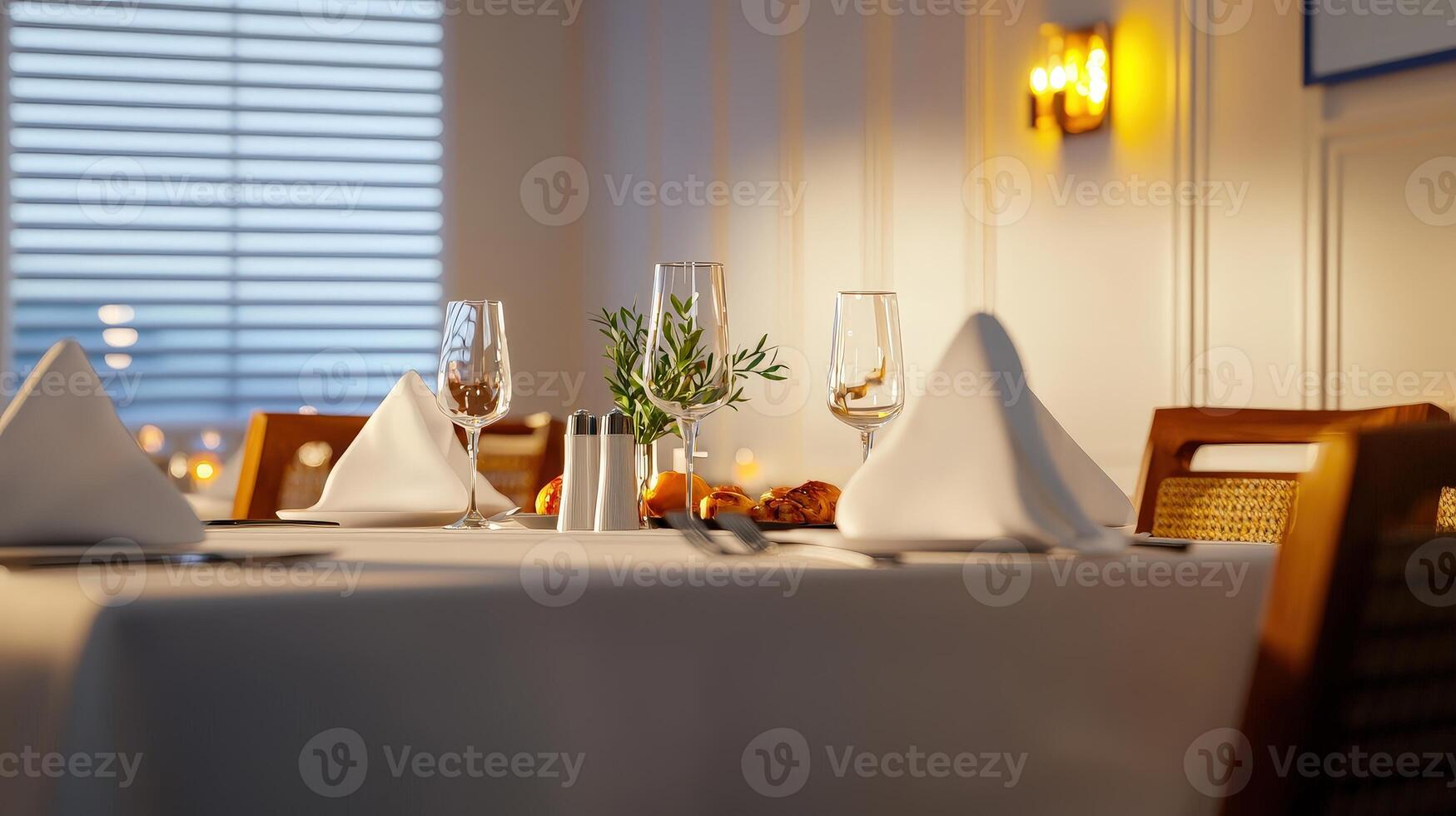 A meticulously set table awaits diners in an elegant restaurant featu crisp white linens, sparkling glassware, and warm lighting creating a sophisticated ambiance perfect for a photo
