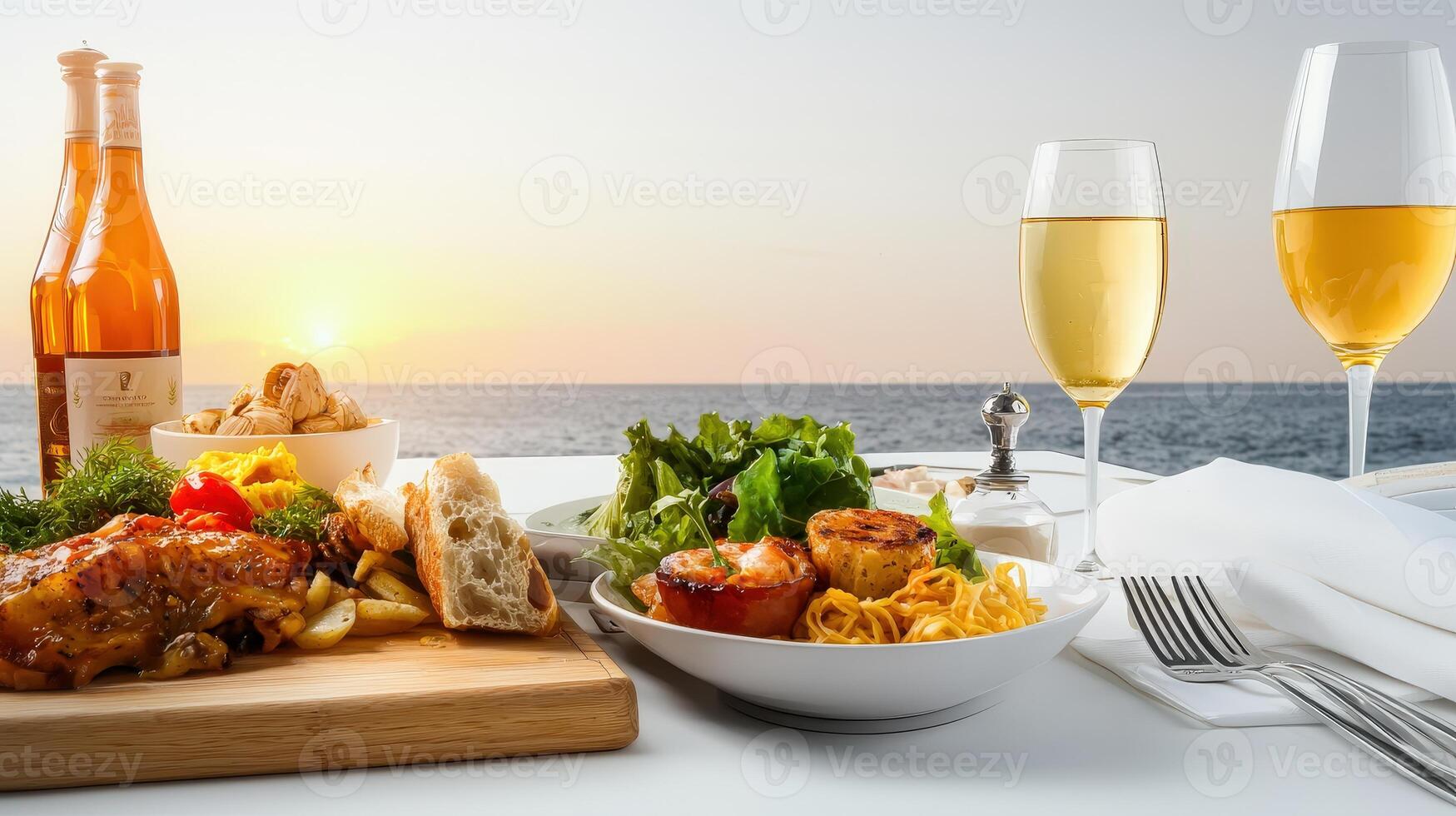 A luxurious romantic dinner for two is set on a seaside patio at sunset featu grilled chicken, scallops, pasta, salad, wine, and bread. photo