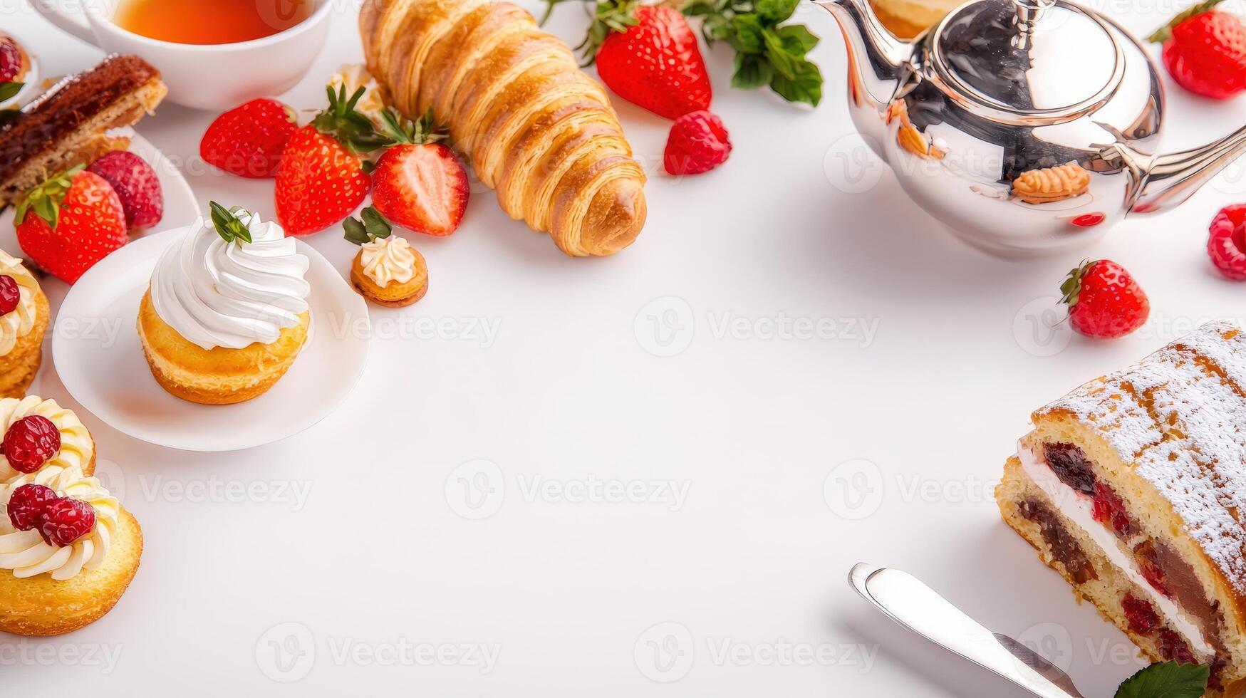 A delectable assortment of pastries and berries accompanies a steaming cup of tea and a silver teapot on a pristine white background perfect for afternoon tea menus or culinary photo