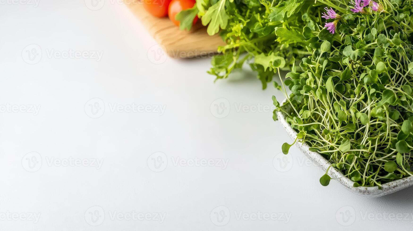 Fresh vibrant microgreens in a small bowl sit alongside cherry tomatoes and leafy greens on a white background providing ample copy space for healthy food recipes or blog. photo