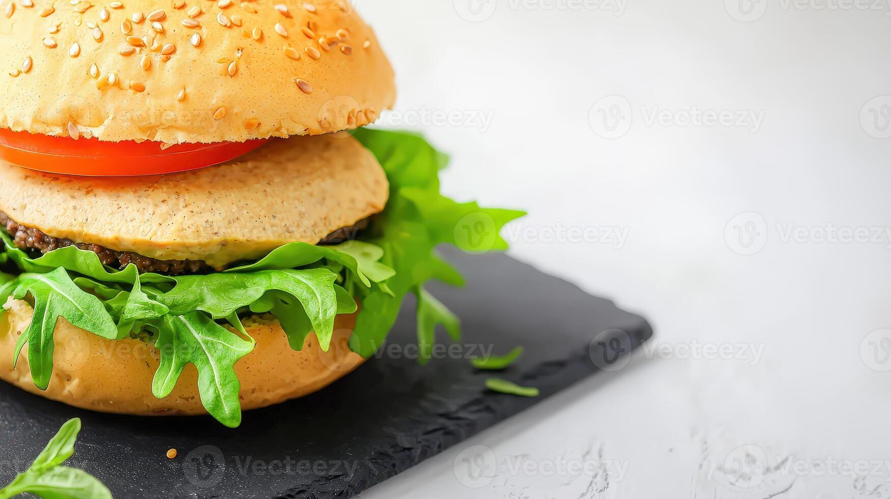 A delicious vegetarian burger with a flavorful patty sits on a dark slate serving board garnished with fresh arugula and tomato slices ready to be enjoyed. photo