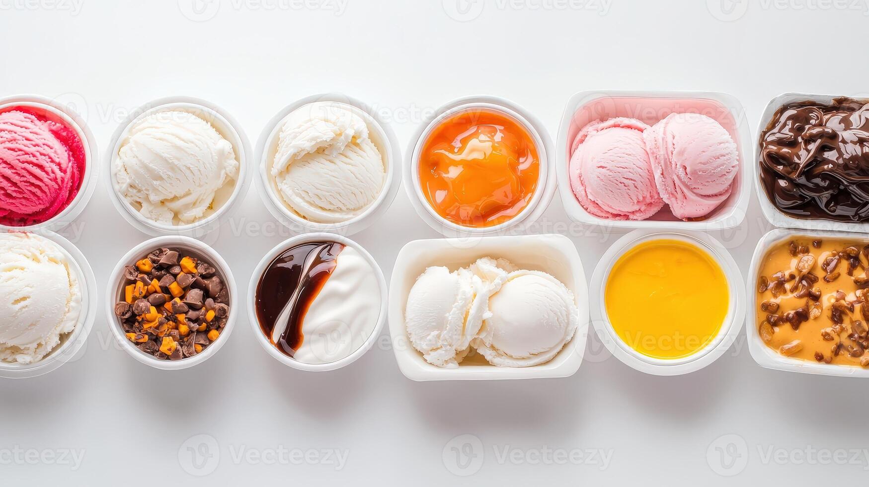 A delicious assortment of ice cream scoops and toppings in small white cups arranged in a neat row on a bright white background perfect for summer food blogs or menus. photo