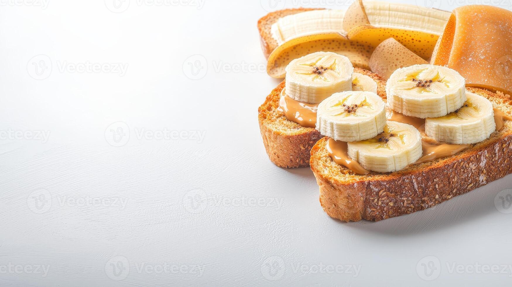 Delicious peanut butter and banana toast slices on a white background perfect for breakfast or a healthy snack with copy space ideal for food bloggers and recipe websites. photo