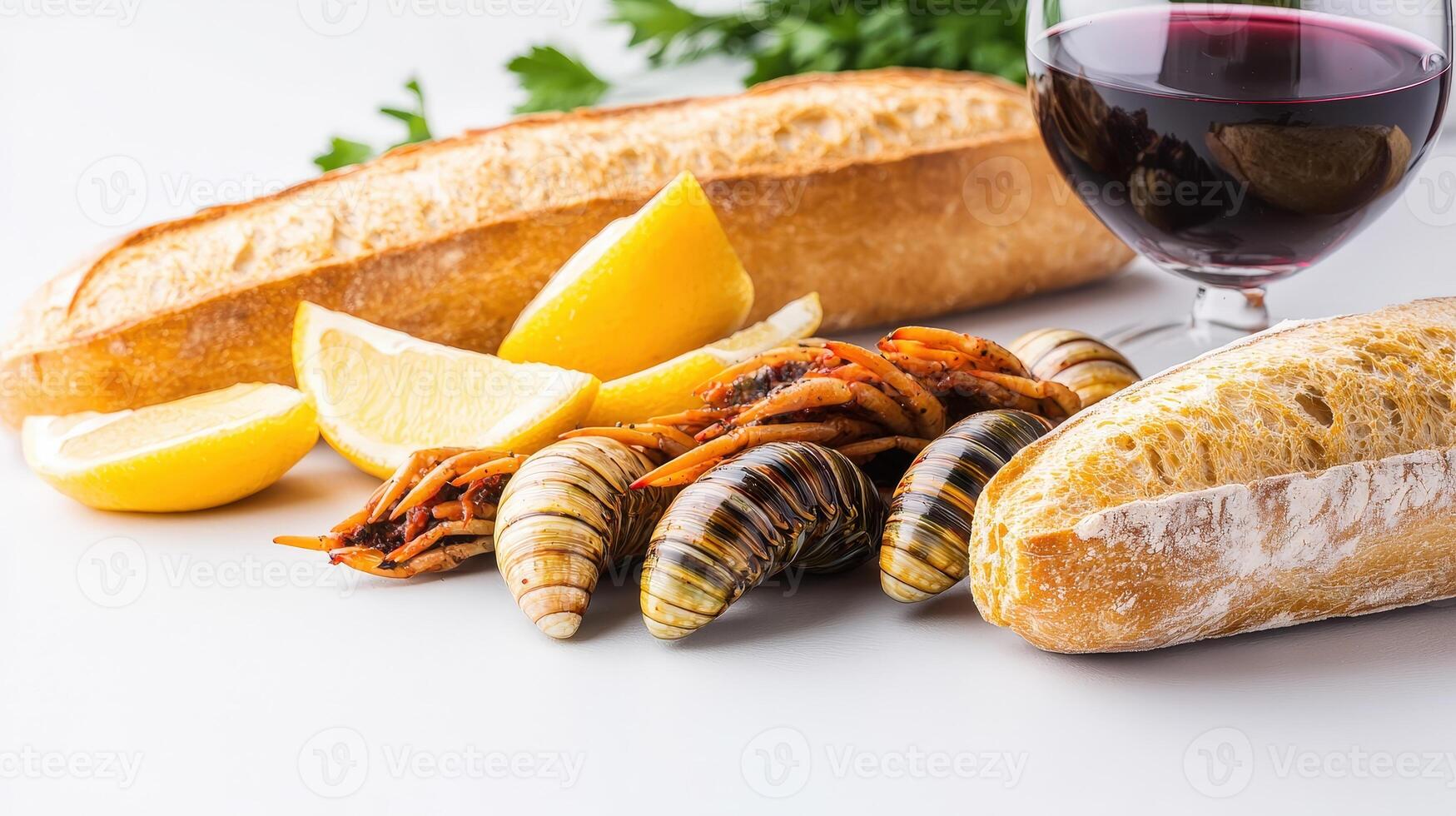A delicious culinary scene features succulent grilled fish seasoned with herbs served with crusty baguettes lemon wedges and a glass of red wine perfect for a gourmet meal. photo