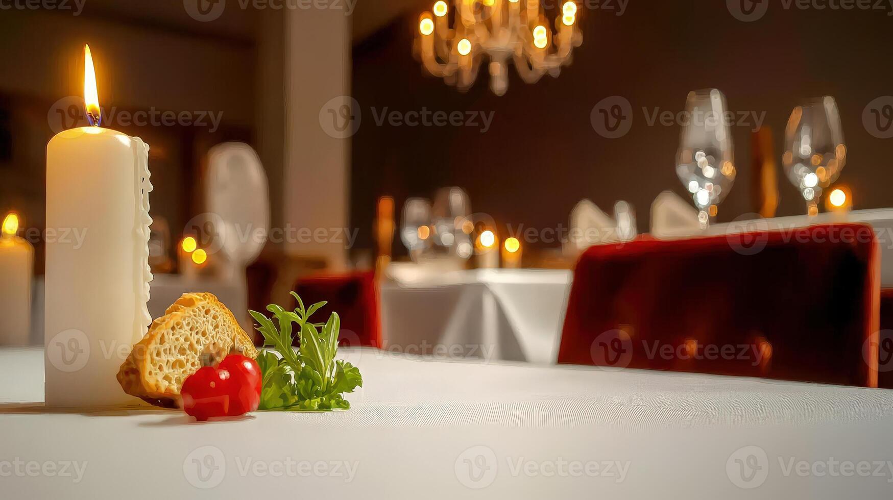 A single lit candle illuminates a romantic restaurant table setting with bread, pepper, and herbs, creating a warm and inviting ambiance for a fine dining experience. photo