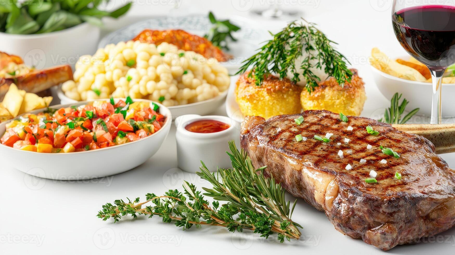 A succulent grilled ribeye steak is the centerpiece of a luxurious gourmet meal featu delicious side dishes like pasta, potatoes, and fresh salsa all served with a glass of red photo