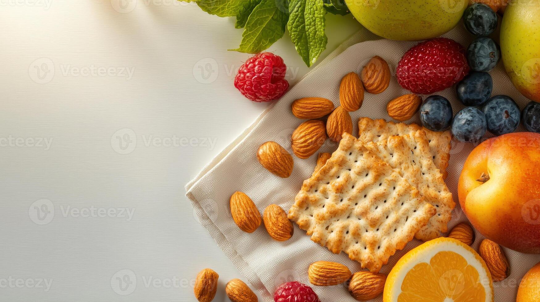 A healthy and delicious snack arrangement featu fresh fruit like raspberries, blueberries, peaches, and an orange alongside almonds and crackers on a light fabric. photo
