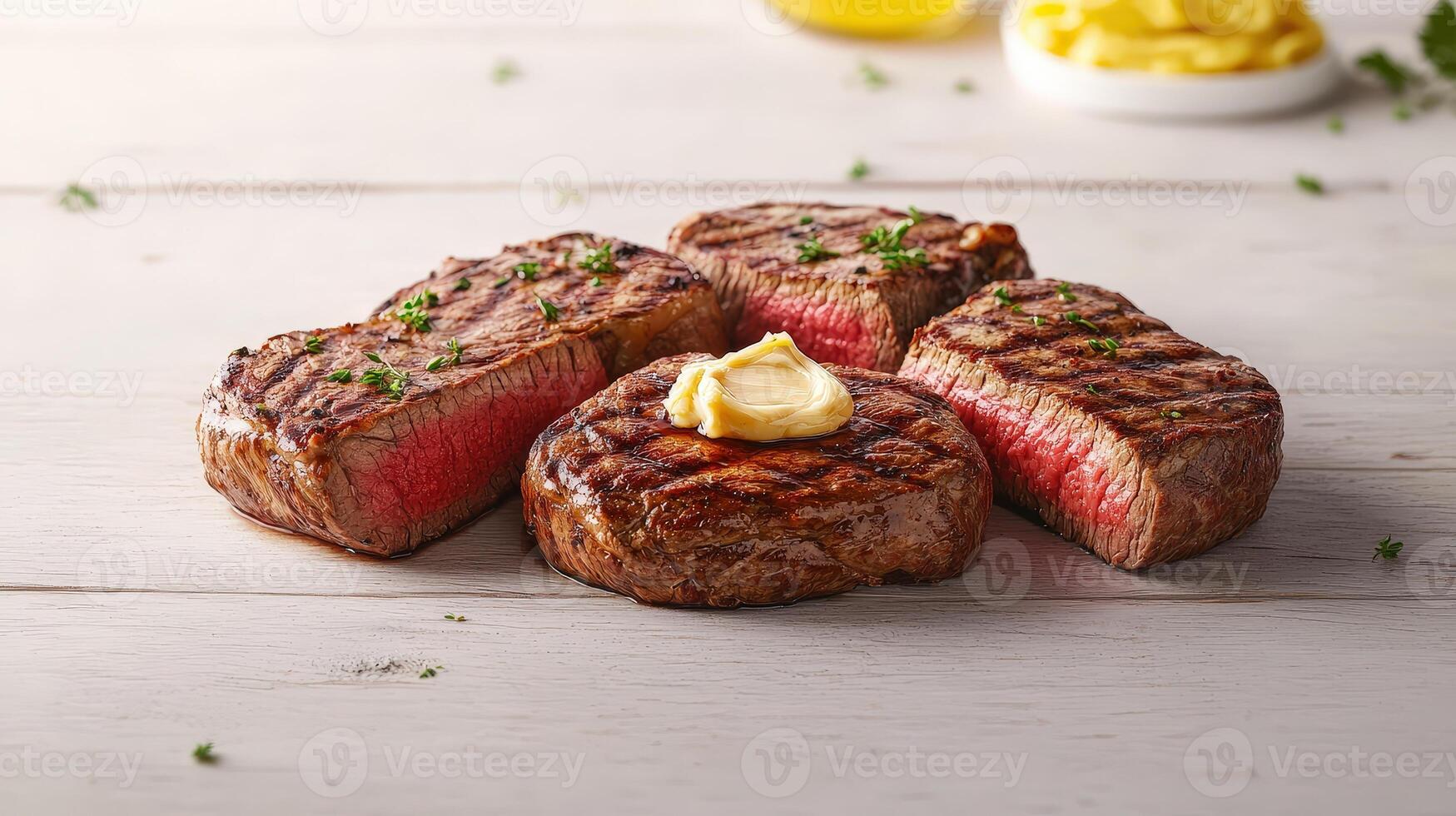 Four delicious grilled filet mignon steaks are artfully arranged on a rustic white wood table with herb garnish and a pat of butter melting on top. photo