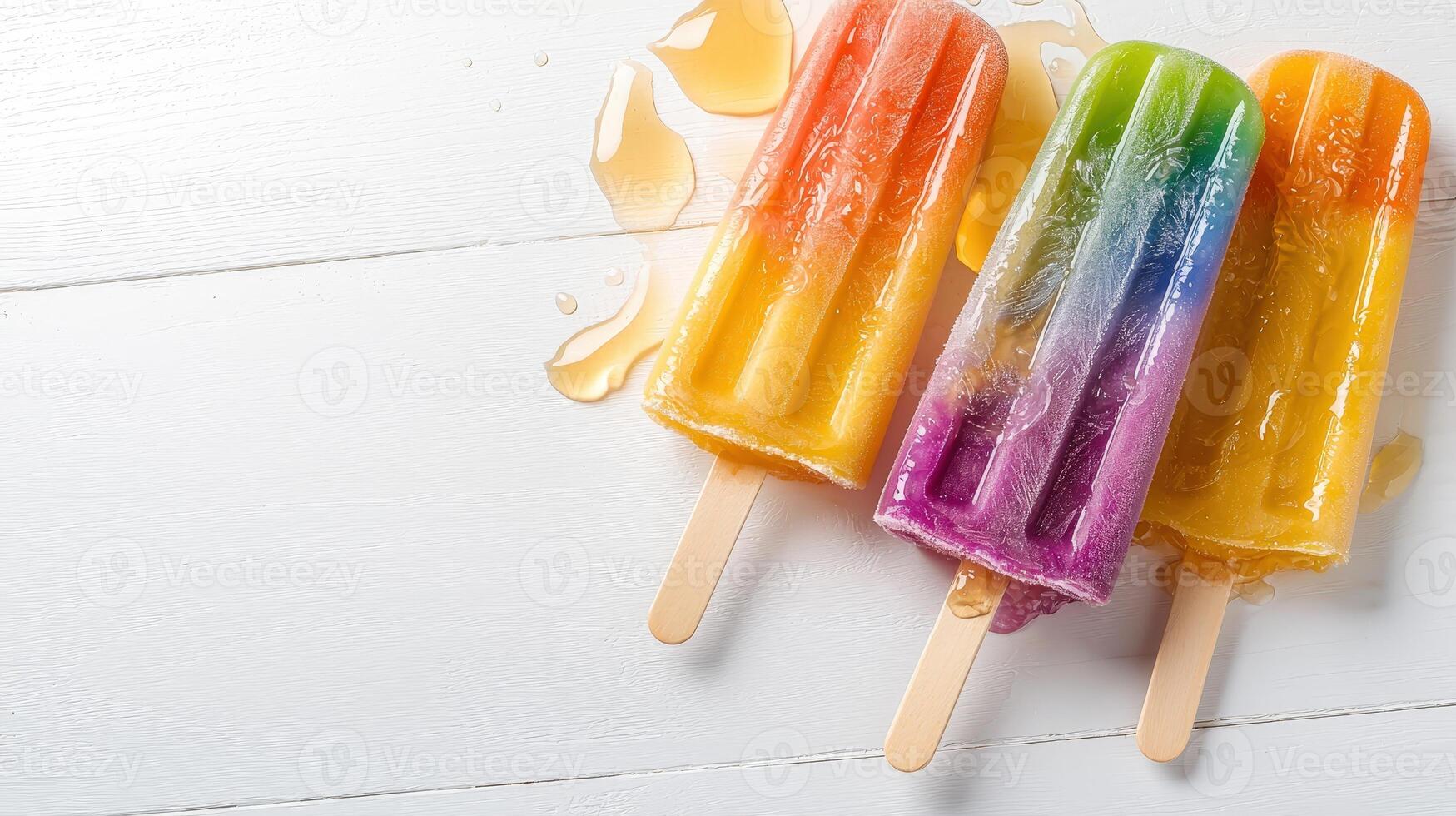 Three vibrant rainbow popsicles with honey drips melting on a bright white wooden surface create a refreshing summer image perfect for food blogs and advertising. photo