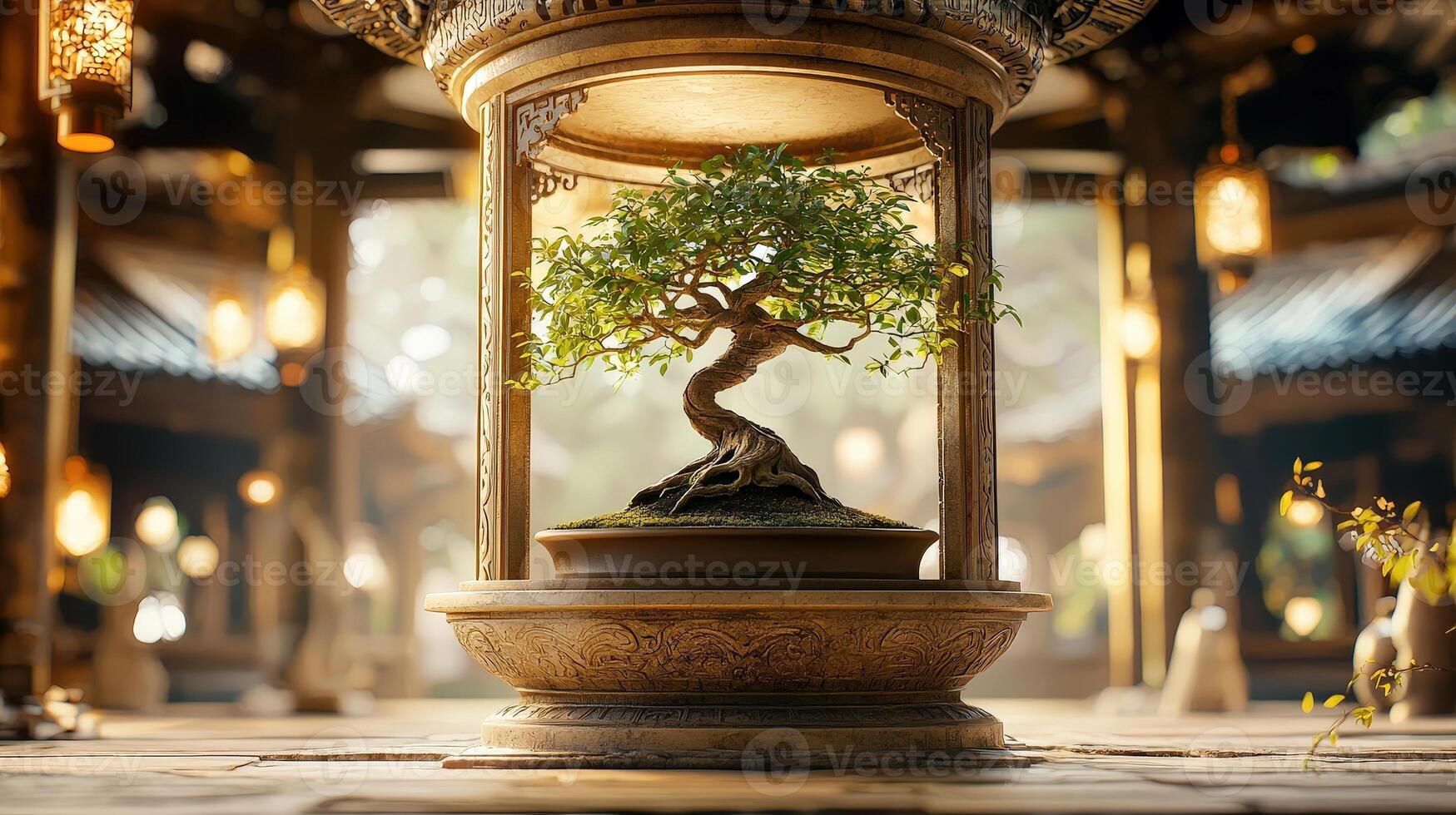 A bonsai tree in a lantern on a table photo