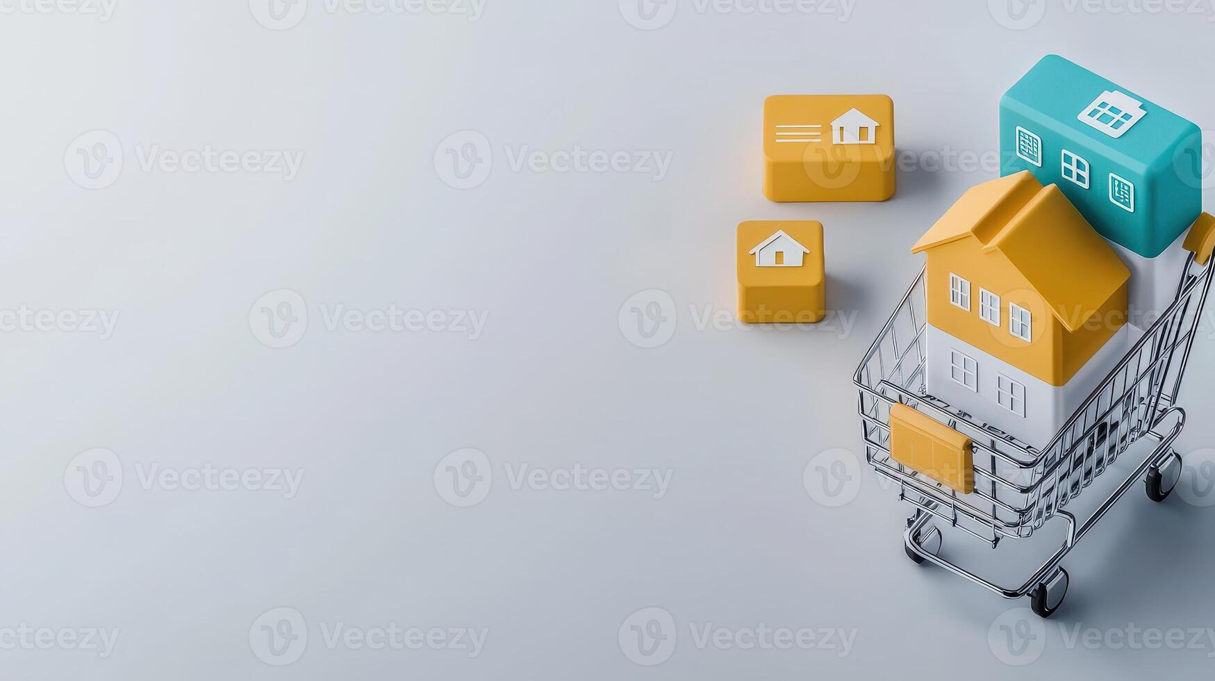 3d rendering of a shopping cart with houses and blocks photo