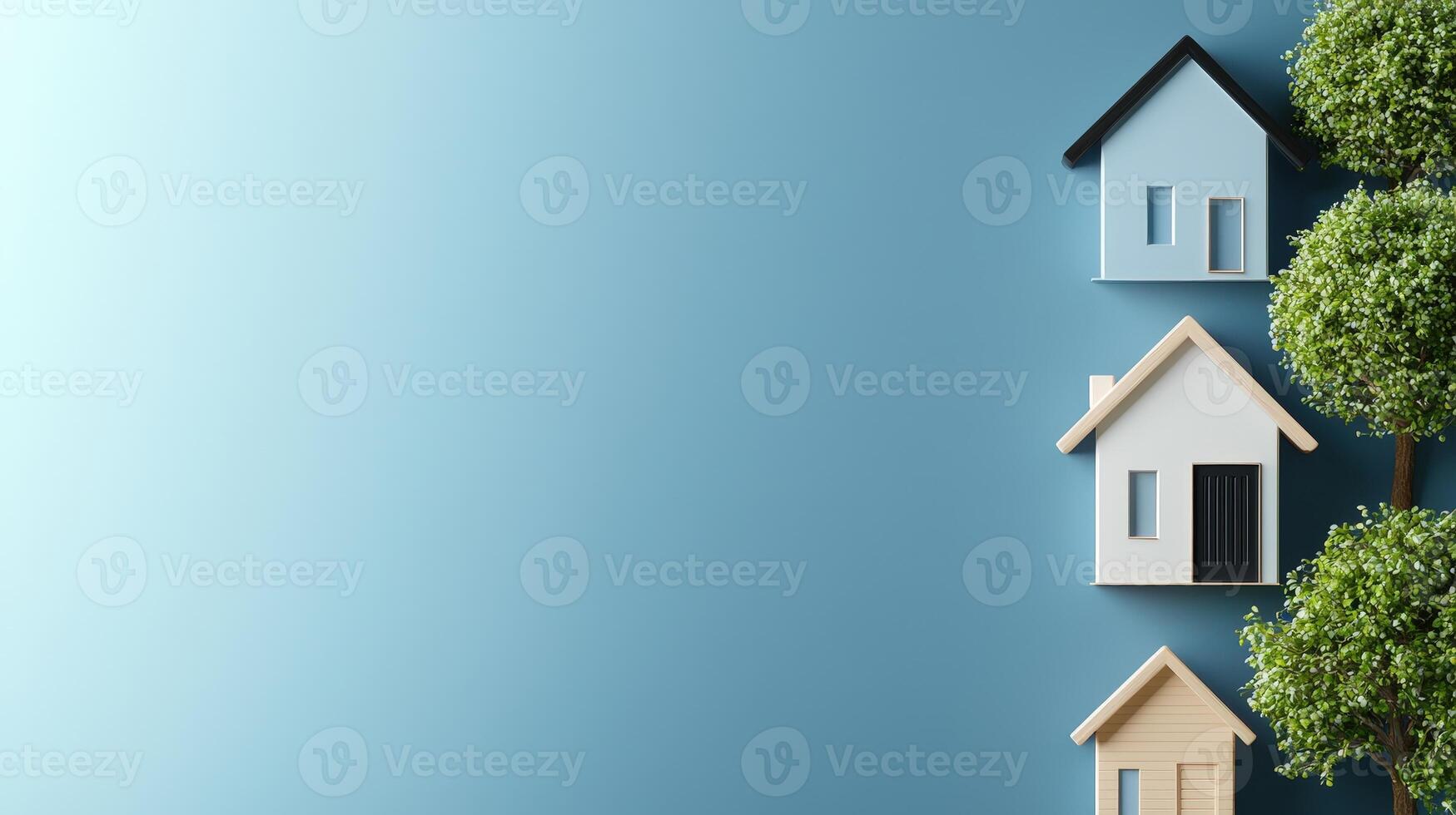 Small houses with trees on a blue background photo