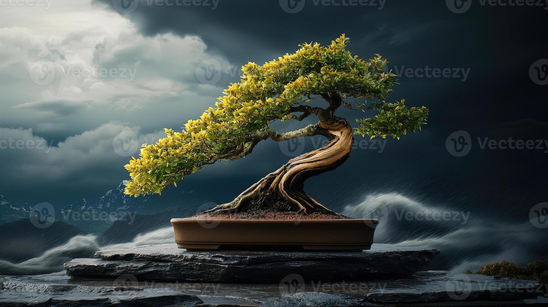 Bonsai tree on rock with stormy sky background photo